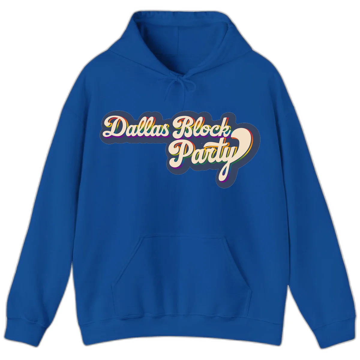 Dallas Block Party design featuring rainbow gradient lettering on navy blue cloud background with scalloped borders in Royal