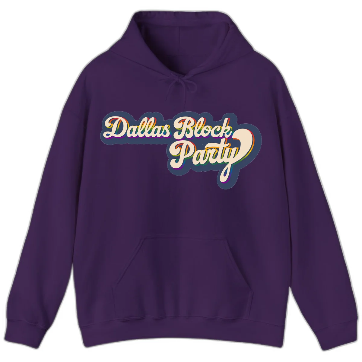 Dallas Block Party design featuring rainbow gradient lettering on navy blue cloud background with scalloped borders in Purple