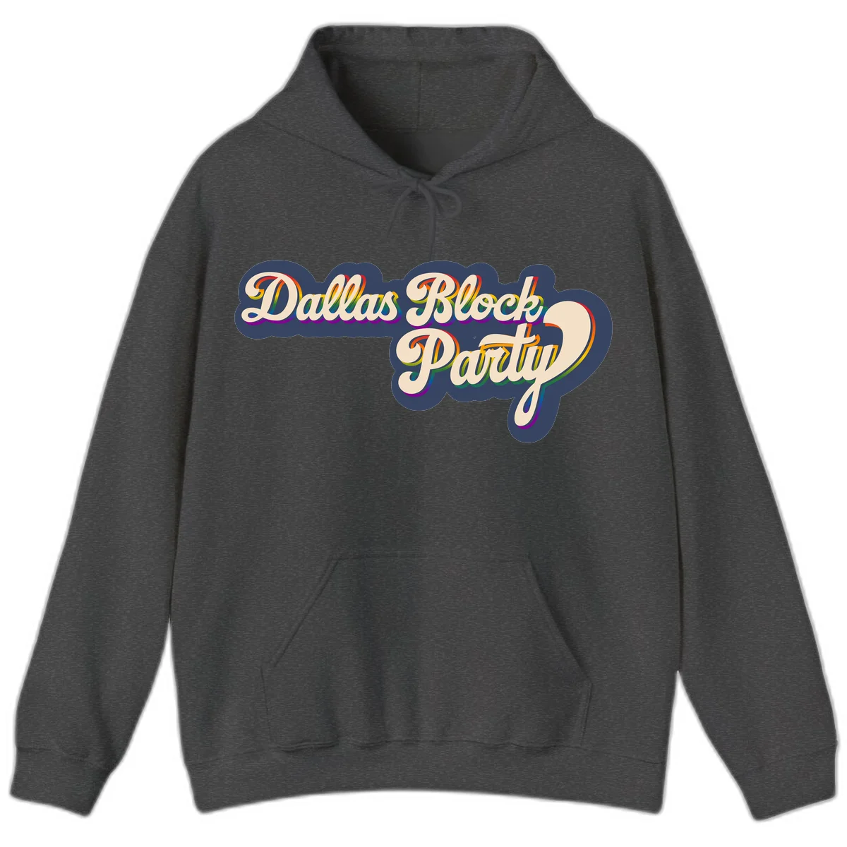 Dallas Block Party design featuring rainbow gradient lettering on navy blue cloud background with scalloped borders in Dark Heather
