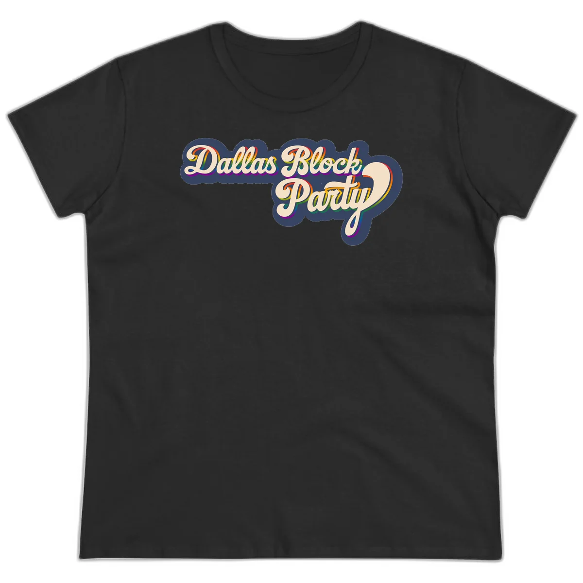 Dallas Block Party design featuring rainbow gradient lettering on navy blue cloud background with scalloped borders in Black