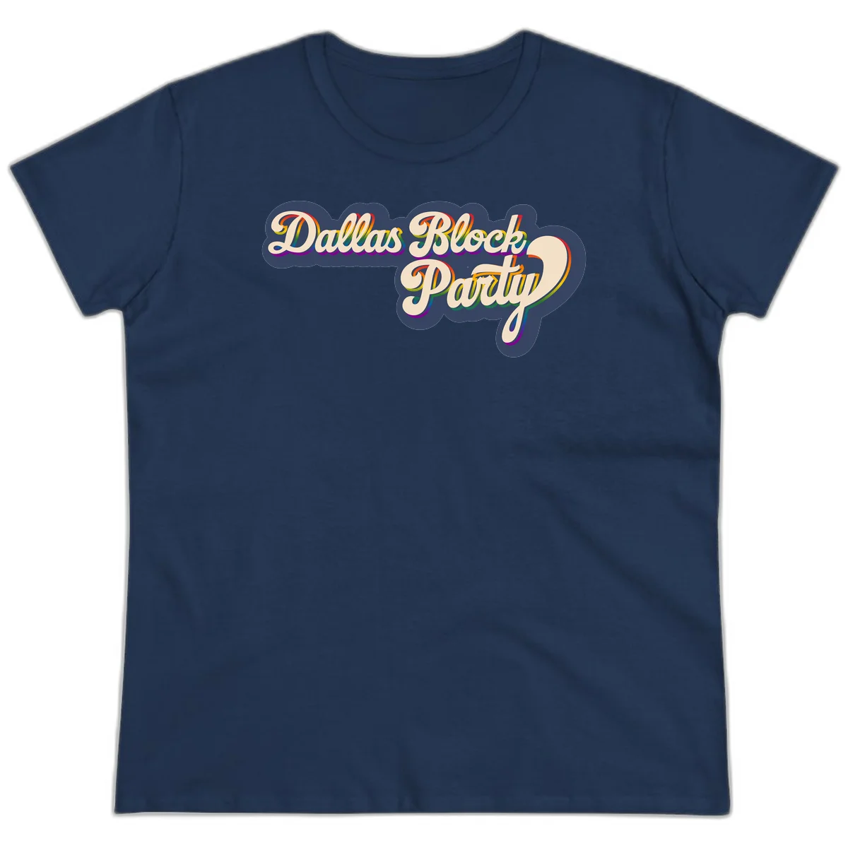 Dallas Block Party design featuring rainbow gradient lettering on navy blue cloud background with scalloped borders in Navy