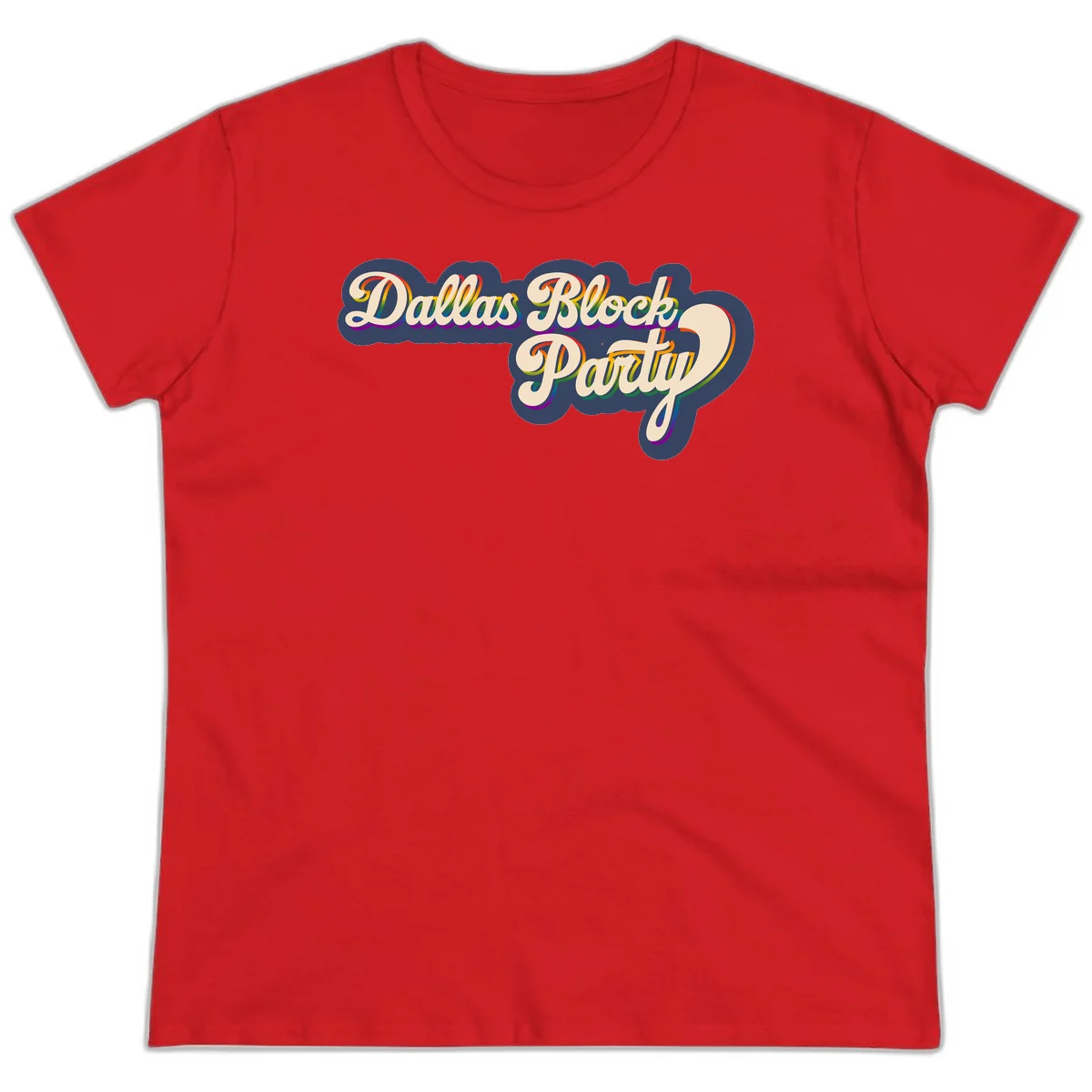 Dallas Block Party design featuring rainbow gradient lettering on navy blue cloud background with scalloped borders in Red