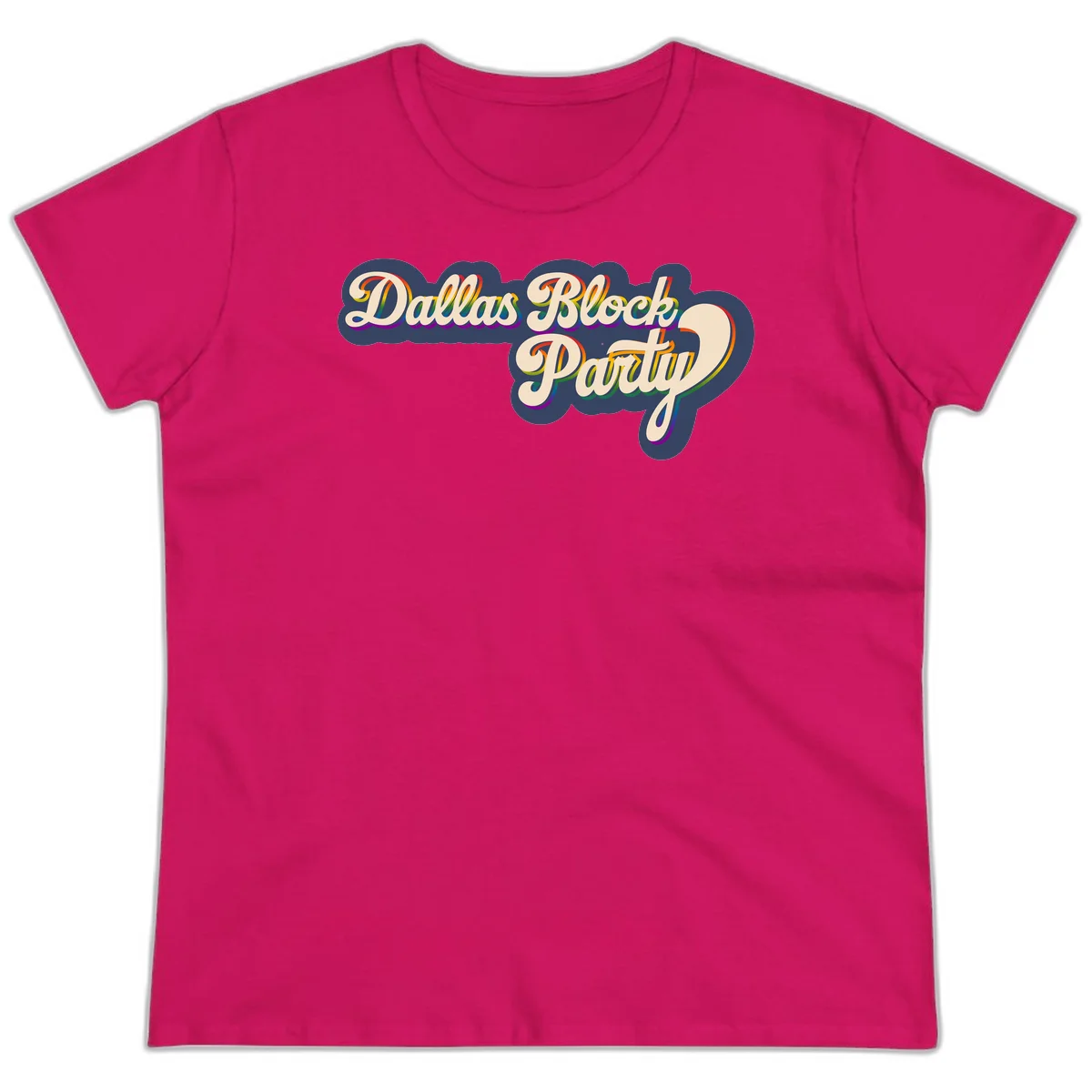 Dallas Block Party design featuring rainbow gradient lettering on navy blue cloud background with scalloped borders in Heliconia