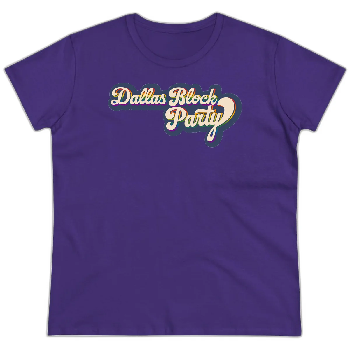Dallas Block Party design featuring rainbow gradient lettering on navy blue cloud background with scalloped borders in Purple