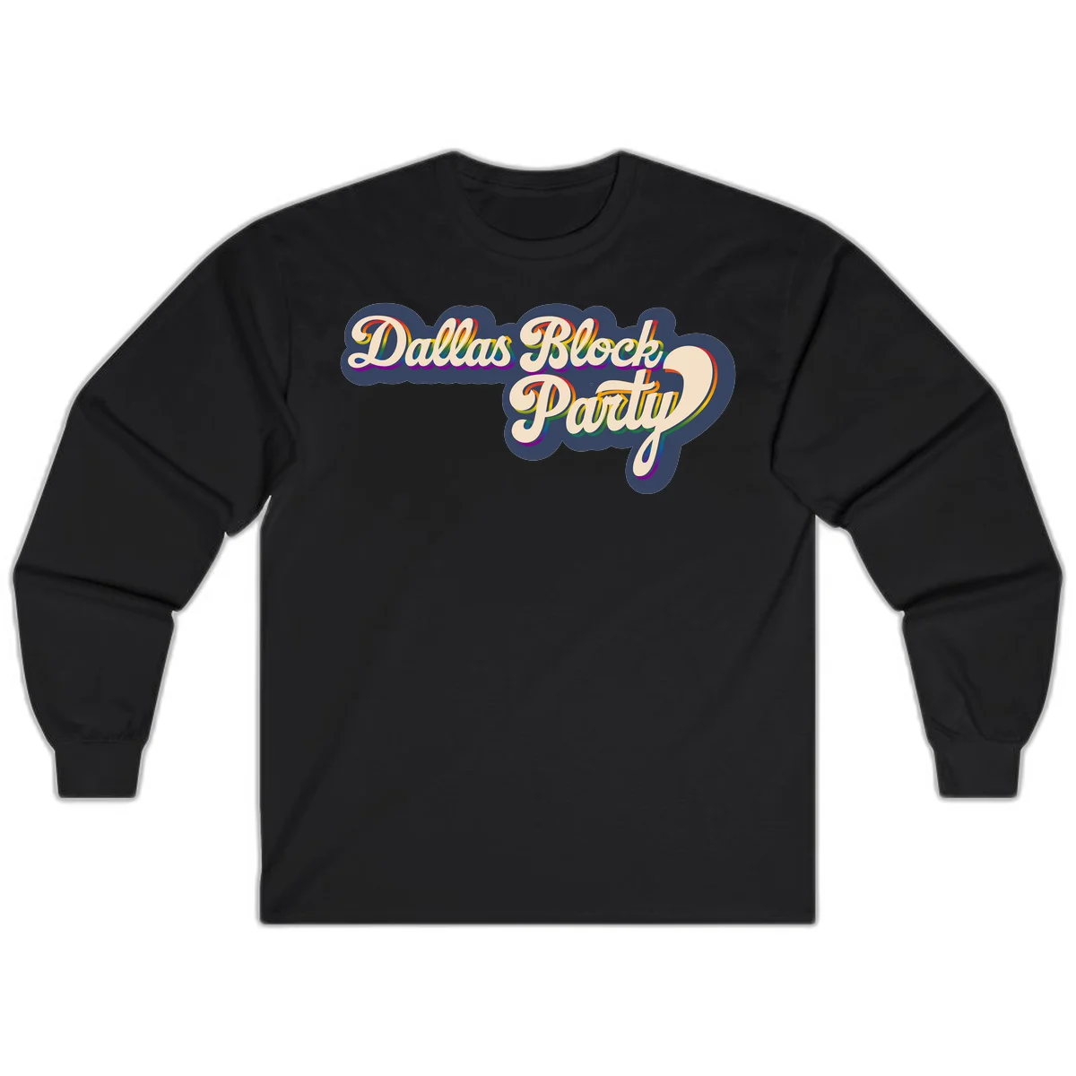 Dallas Block Party design featuring rainbow gradient lettering on navy blue cloud background with scalloped borders in Black