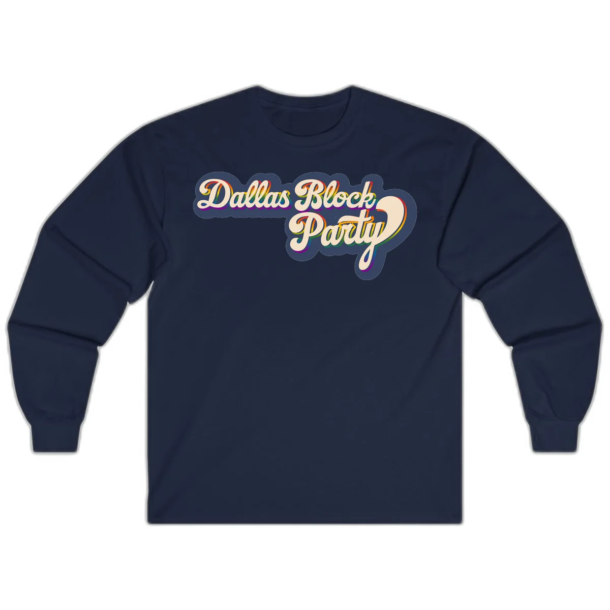 Dallas Block Party design featuring rainbow gradient lettering on navy blue cloud background with scalloped borders in Navy