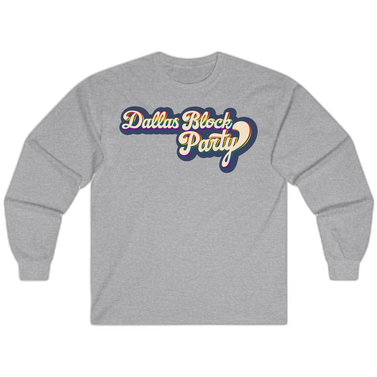 Dallas Block Party design featuring rainbow gradient lettering on navy blue cloud background with scalloped borders in Sport Grey