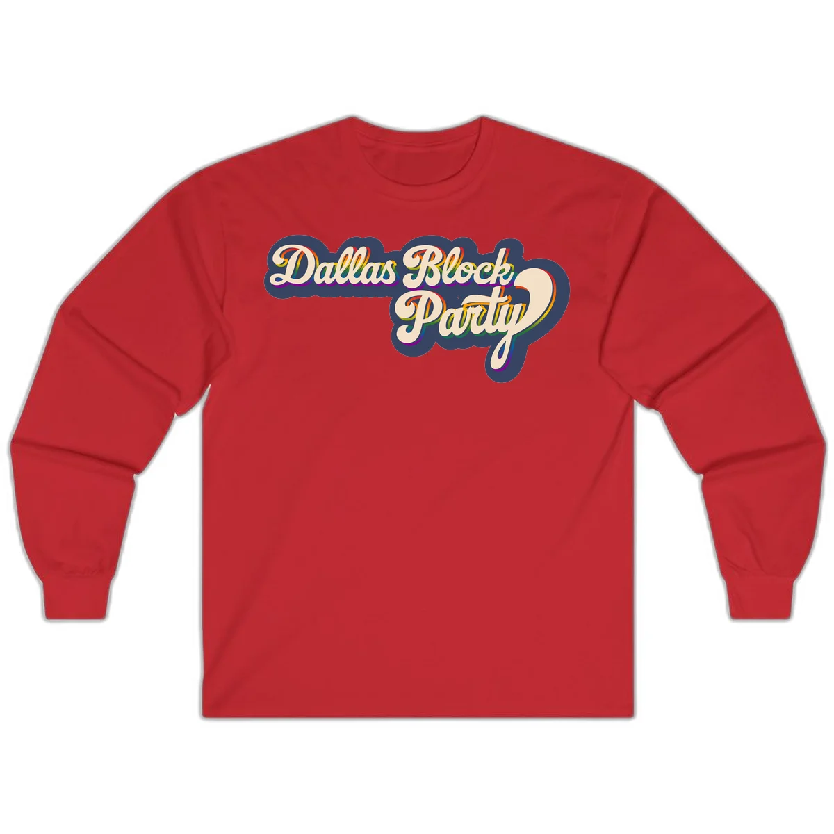 Dallas Block Party design featuring rainbow gradient lettering on navy blue cloud background with scalloped borders in Red