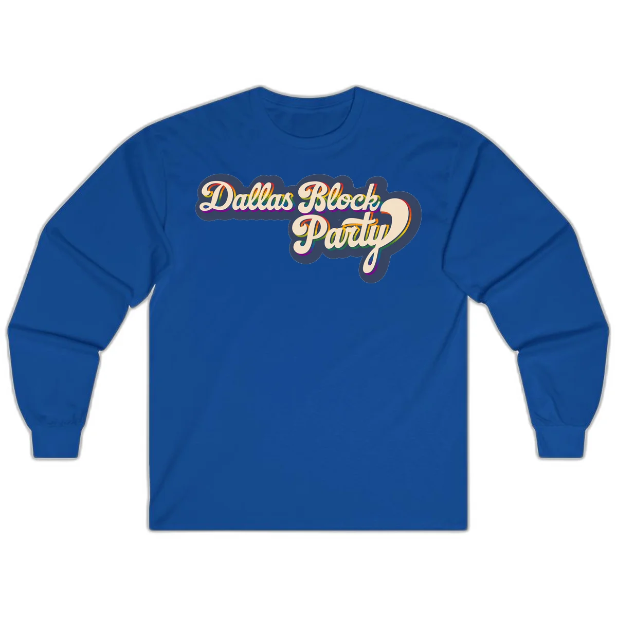 Dallas Block Party design featuring rainbow gradient lettering on navy blue cloud background with scalloped borders in Royal