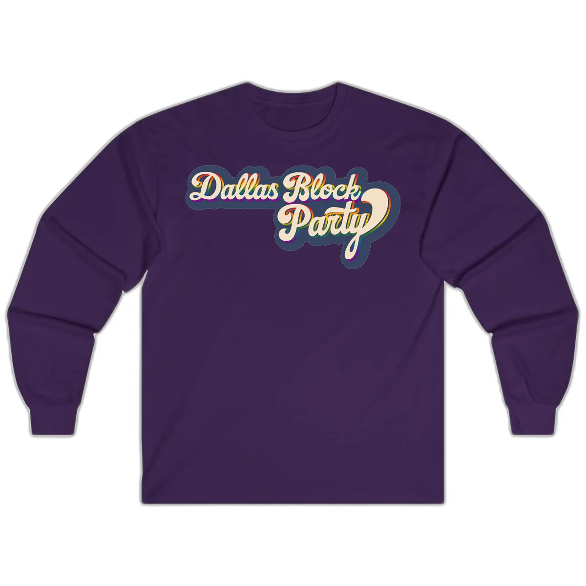 Dallas Block Party design featuring rainbow gradient lettering on navy blue cloud background with scalloped borders in Purple