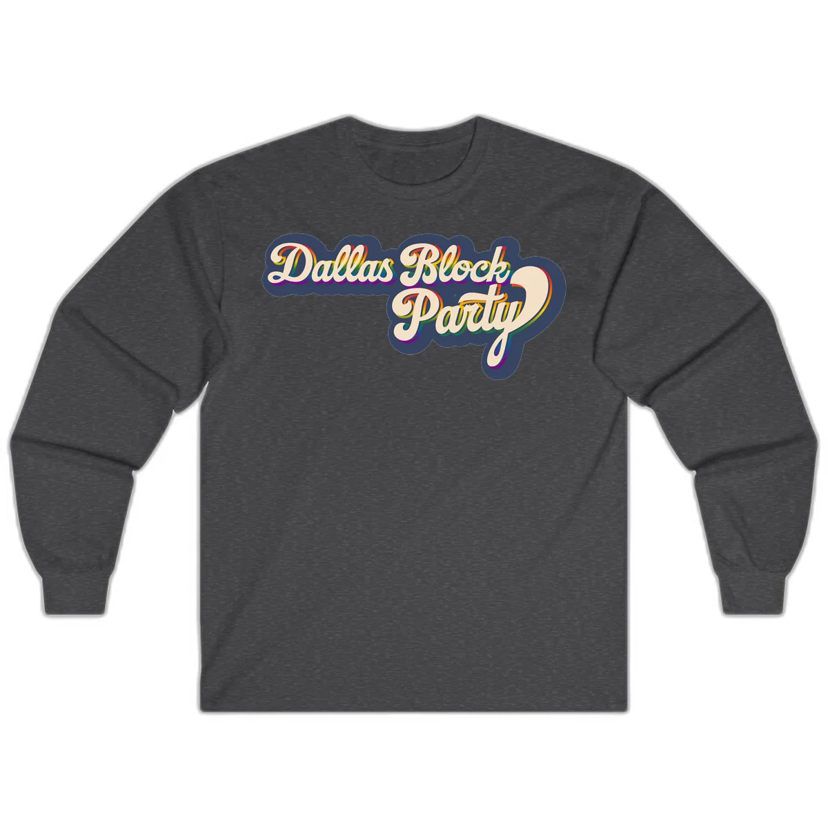 Dallas Block Party design featuring rainbow gradient lettering on navy blue cloud background with scalloped borders in Dark Heather