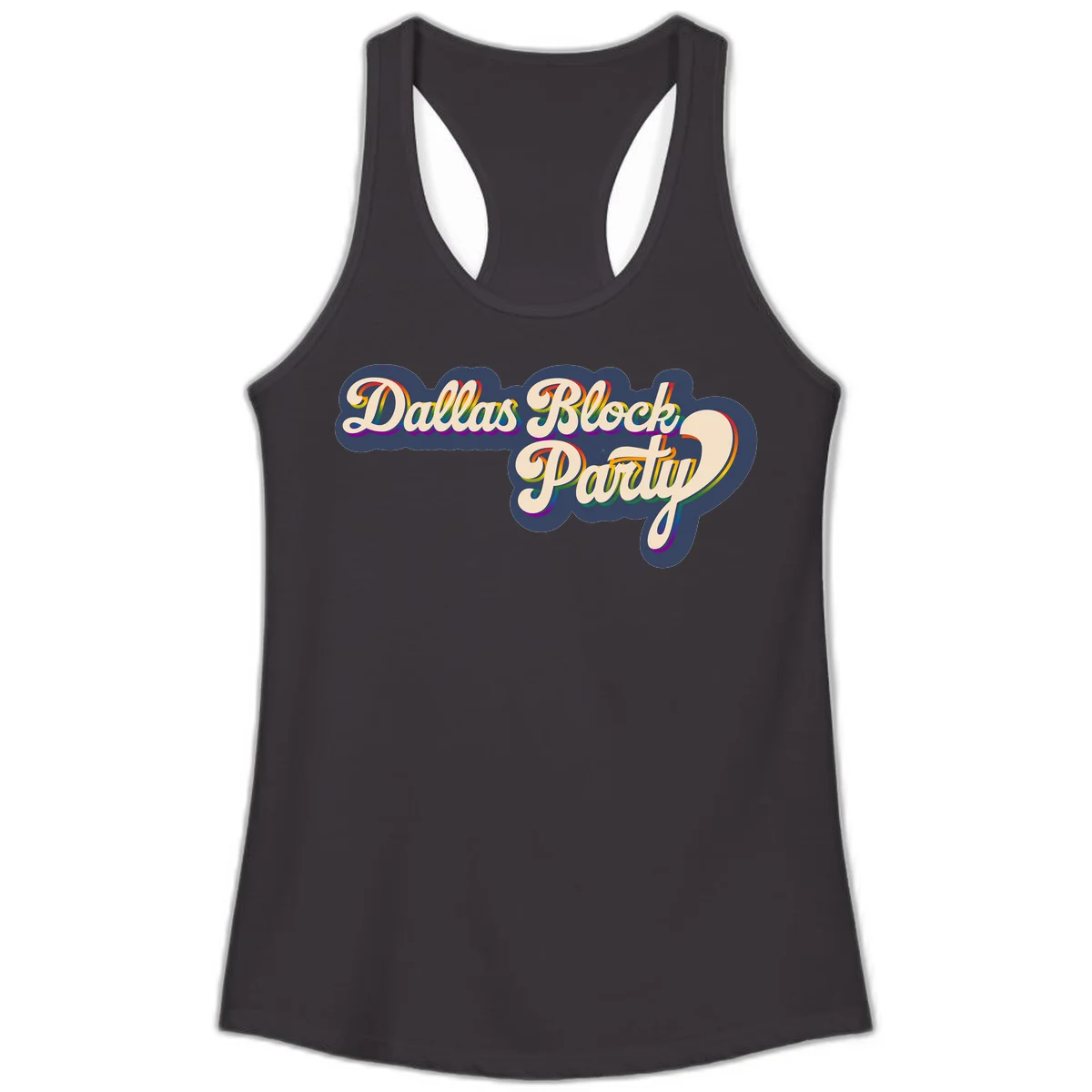 Dallas Block Party design featuring rainbow gradient lettering on navy blue cloud background with scalloped borders in Black