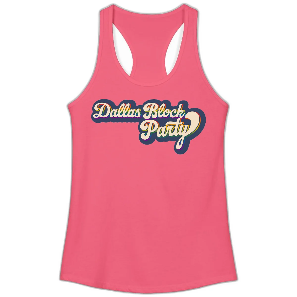 Dallas Block Party design featuring rainbow gradient lettering on navy blue cloud background with scalloped borders in Hot Pink