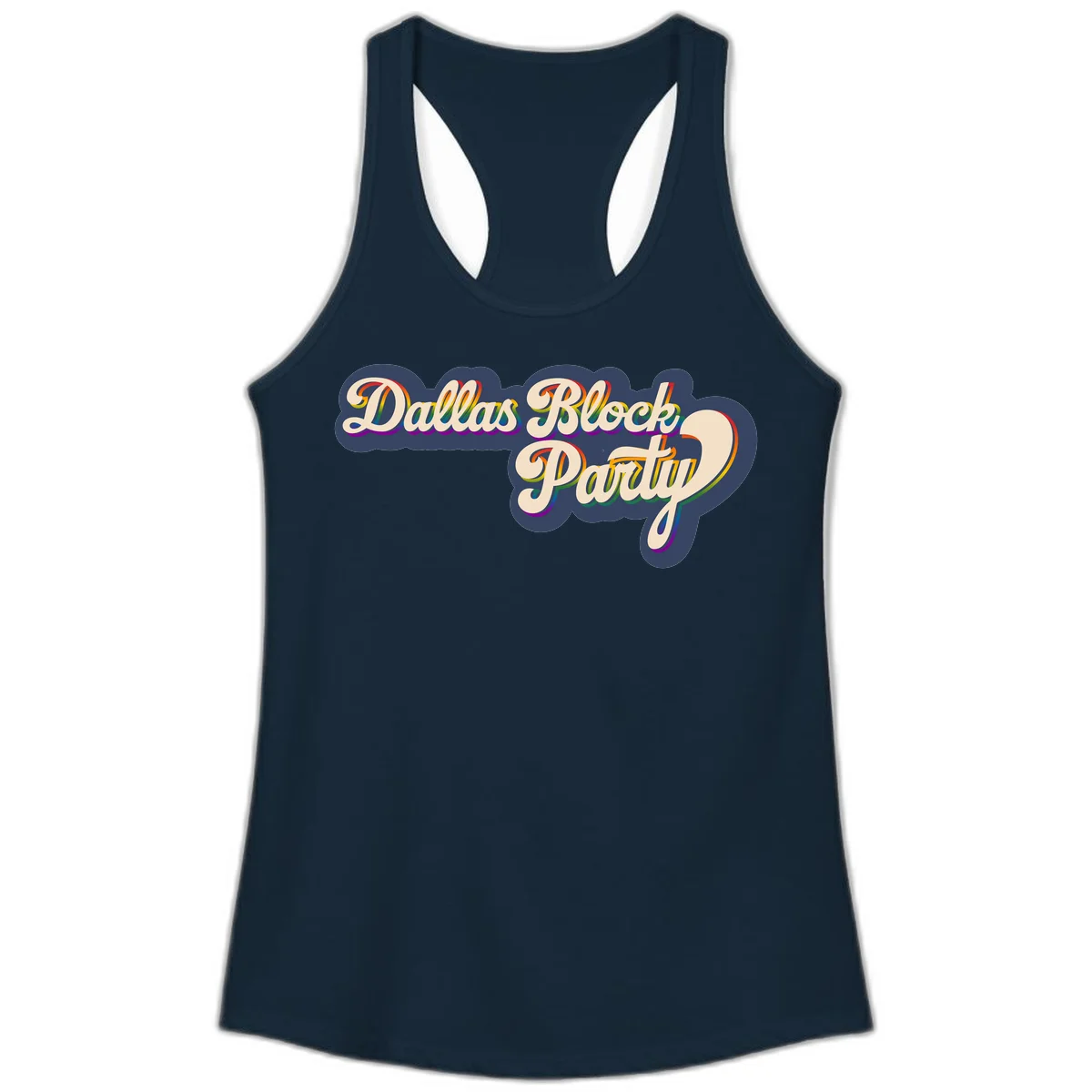 Dallas Block Party design featuring rainbow gradient lettering on navy blue cloud background with scalloped borders in Solid Midnight Navy