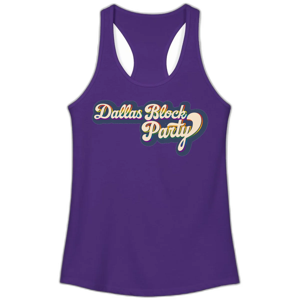 Dallas Block Party design featuring rainbow gradient lettering on navy blue cloud background with scalloped borders in Solid Purple Rush