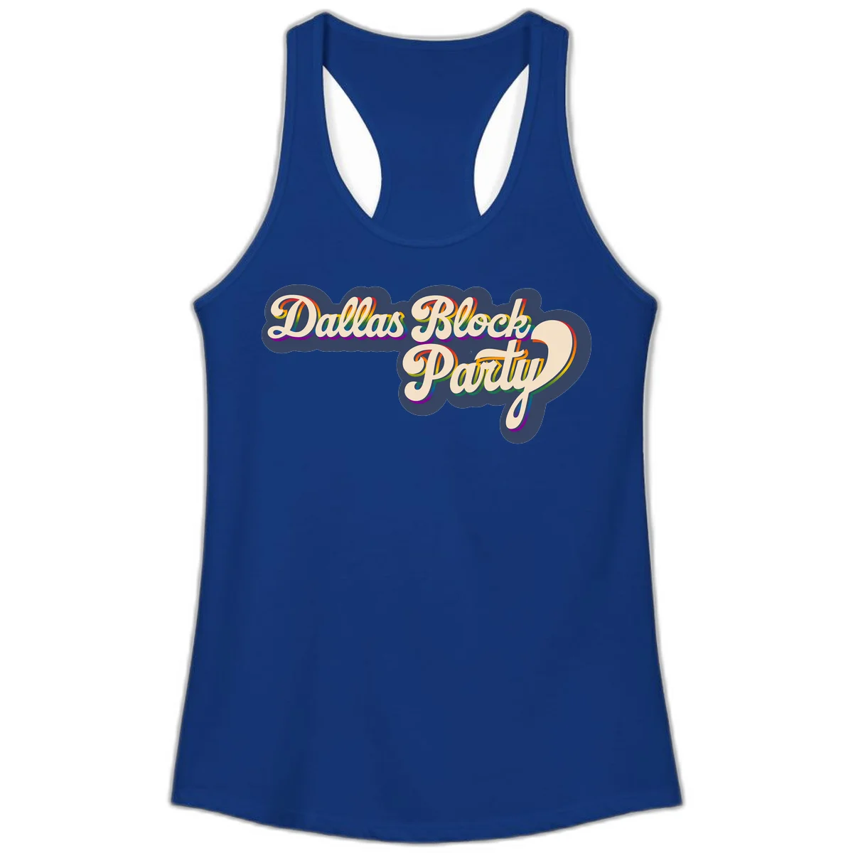 Dallas Block Party design featuring rainbow gradient lettering on navy blue cloud background with scalloped borders in Solid Royal