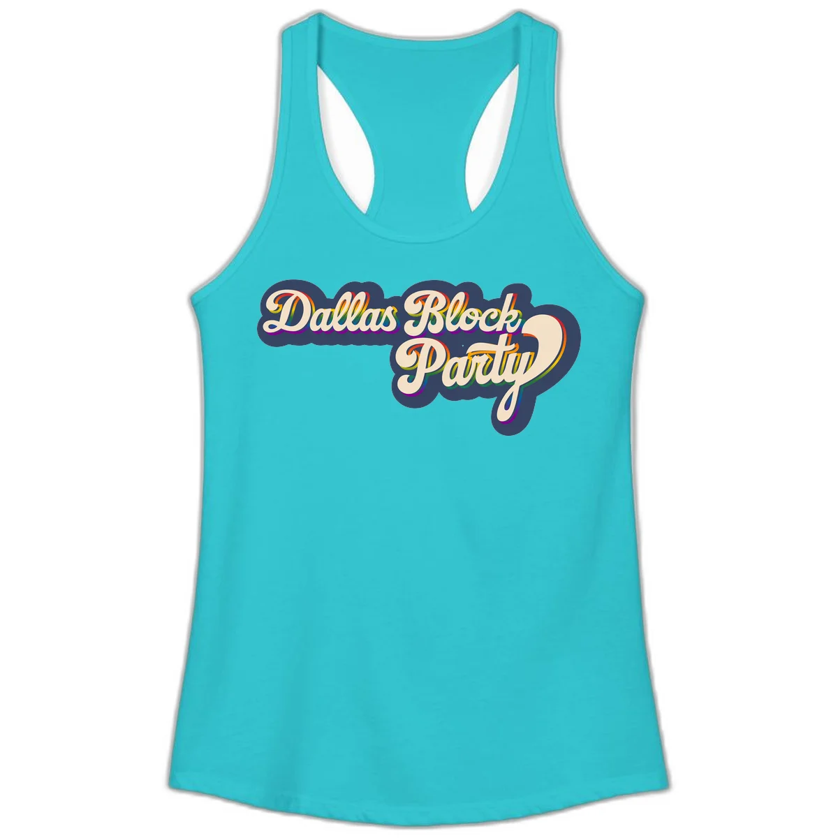 Dallas Block Party design featuring rainbow gradient lettering on navy blue cloud background with scalloped borders in Solid Tahiti Blue