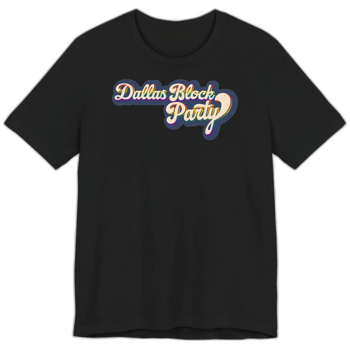 Dallas Block Party design featuring rainbow gradient lettering on navy blue cloud background with scalloped borders in Black