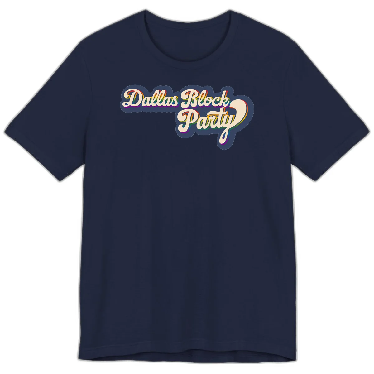 Dallas Block Party design featuring rainbow gradient lettering on navy blue cloud background with scalloped borders in Navy
