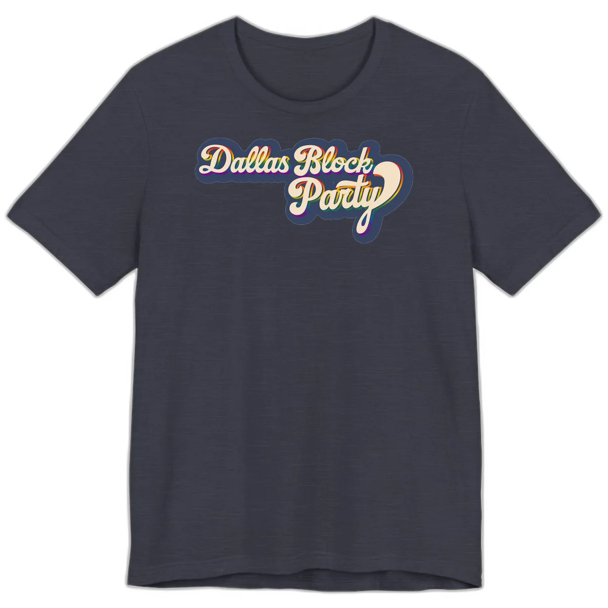 Dallas Block Party design featuring rainbow gradient lettering on navy blue cloud background with scalloped borders in Heather Midnight Navy
