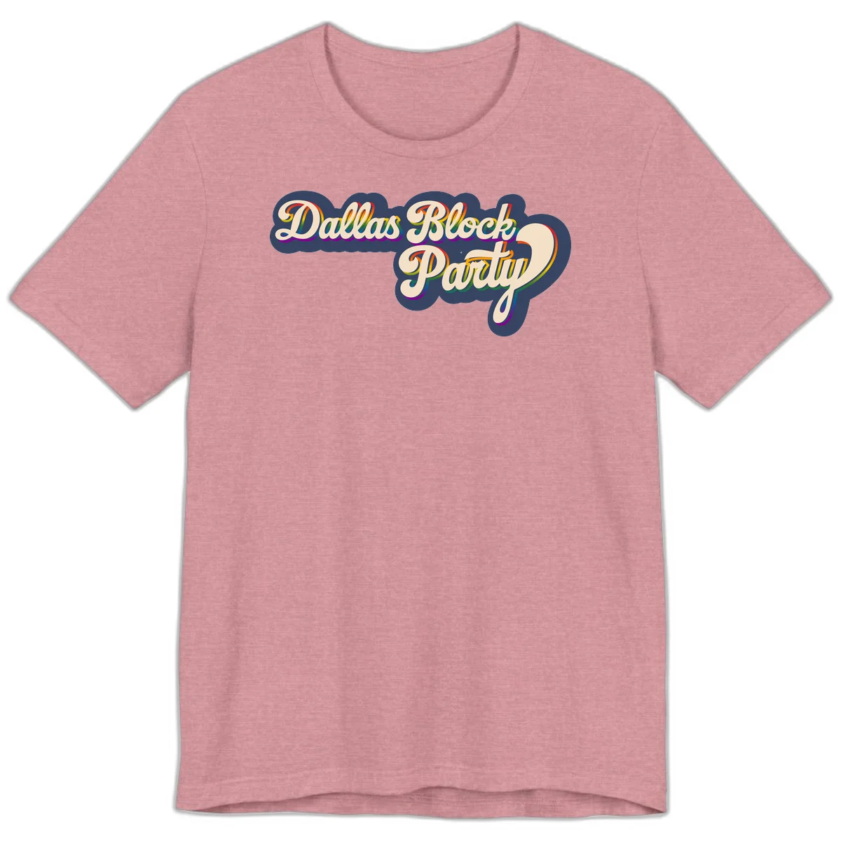 Dallas Block Party design featuring rainbow gradient lettering on navy blue cloud background with scalloped borders in Heather Orchid