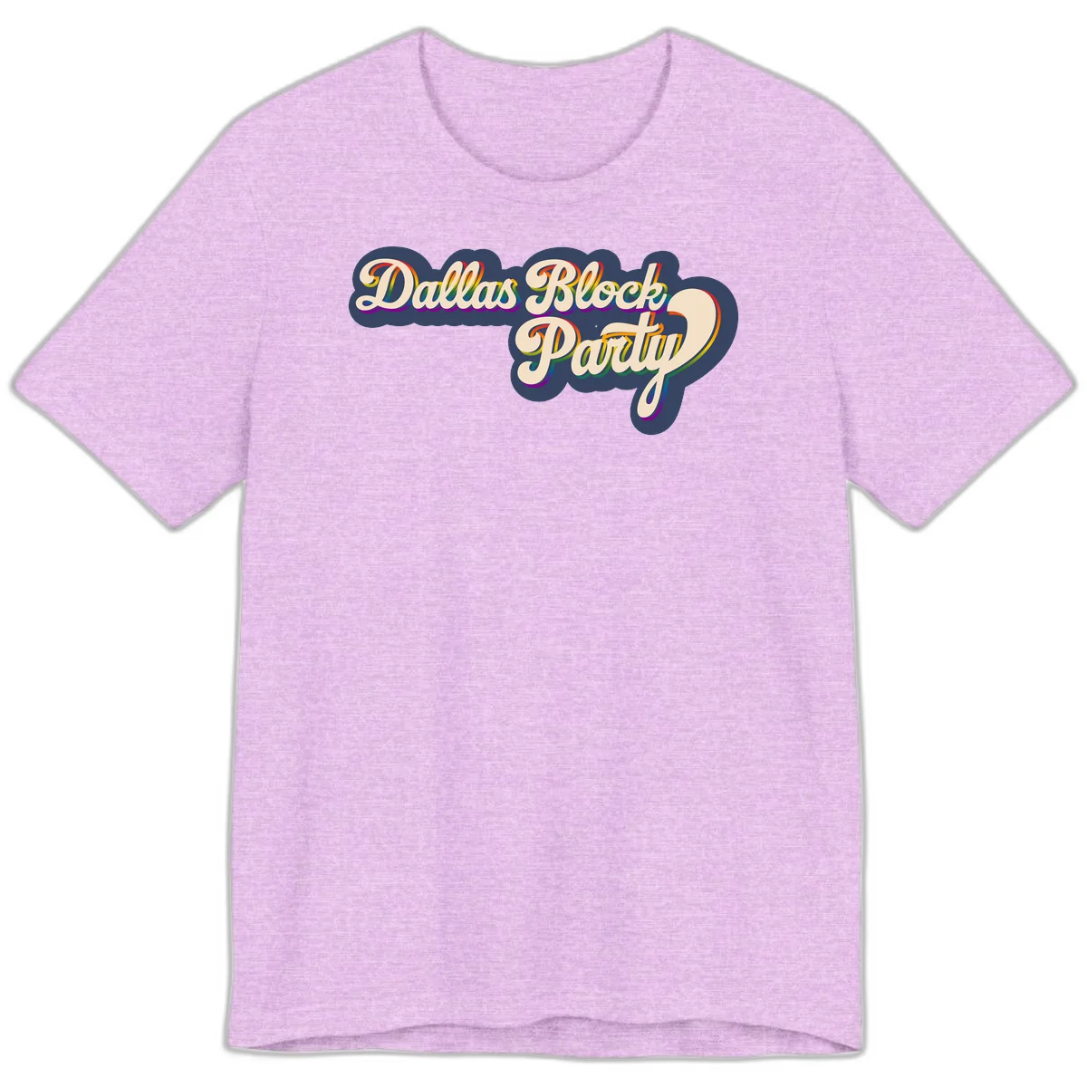 Dallas Block Party design featuring rainbow gradient lettering on navy blue cloud background with scalloped borders in Heather Prism Lilac