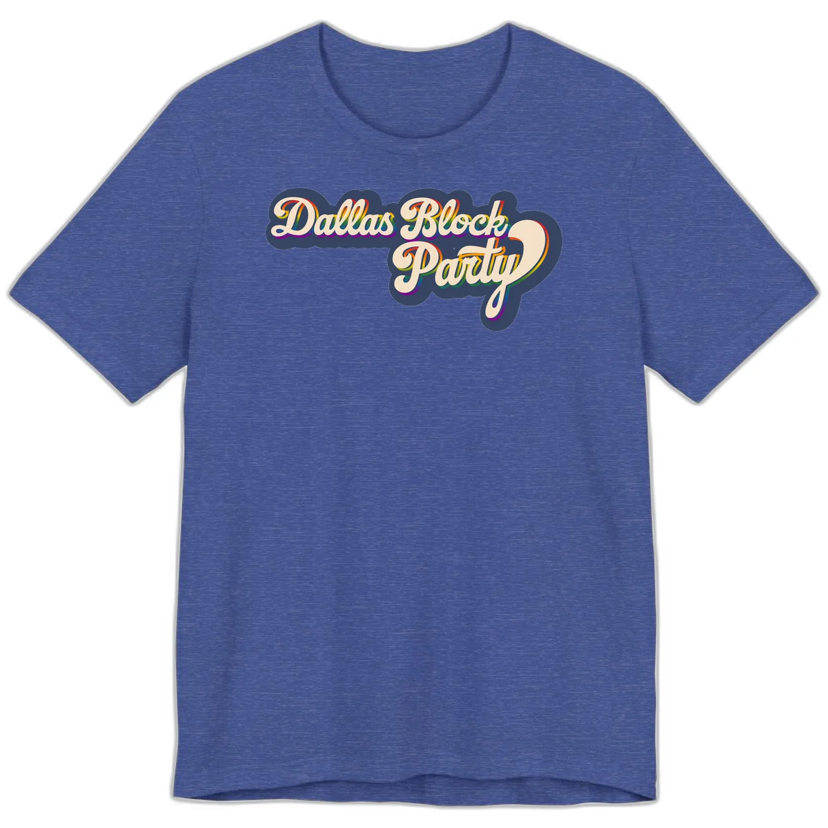 Dallas Block Party design featuring rainbow gradient lettering on navy blue cloud background with scalloped borders in Heather True Royal