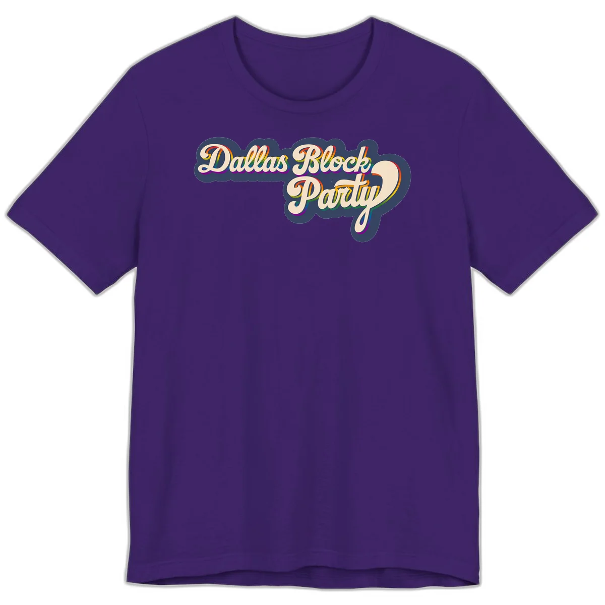 Dallas Block Party design featuring rainbow gradient lettering on navy blue cloud background with scalloped borders in Team Purple
