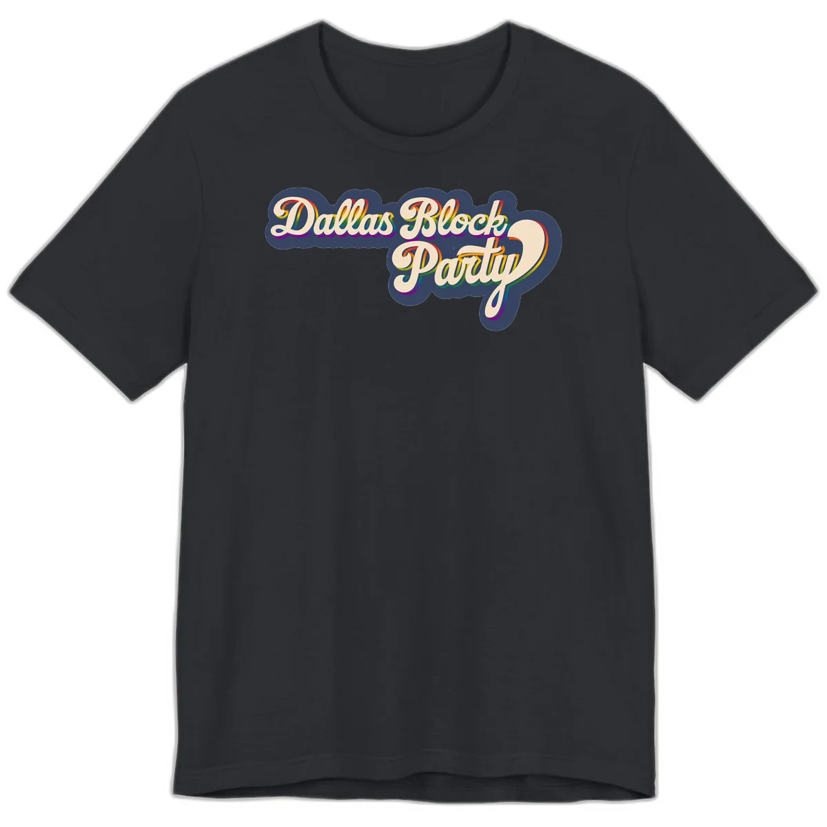 Dallas Block Party design featuring rainbow gradient lettering on navy blue cloud background with scalloped borders in Vintage Black