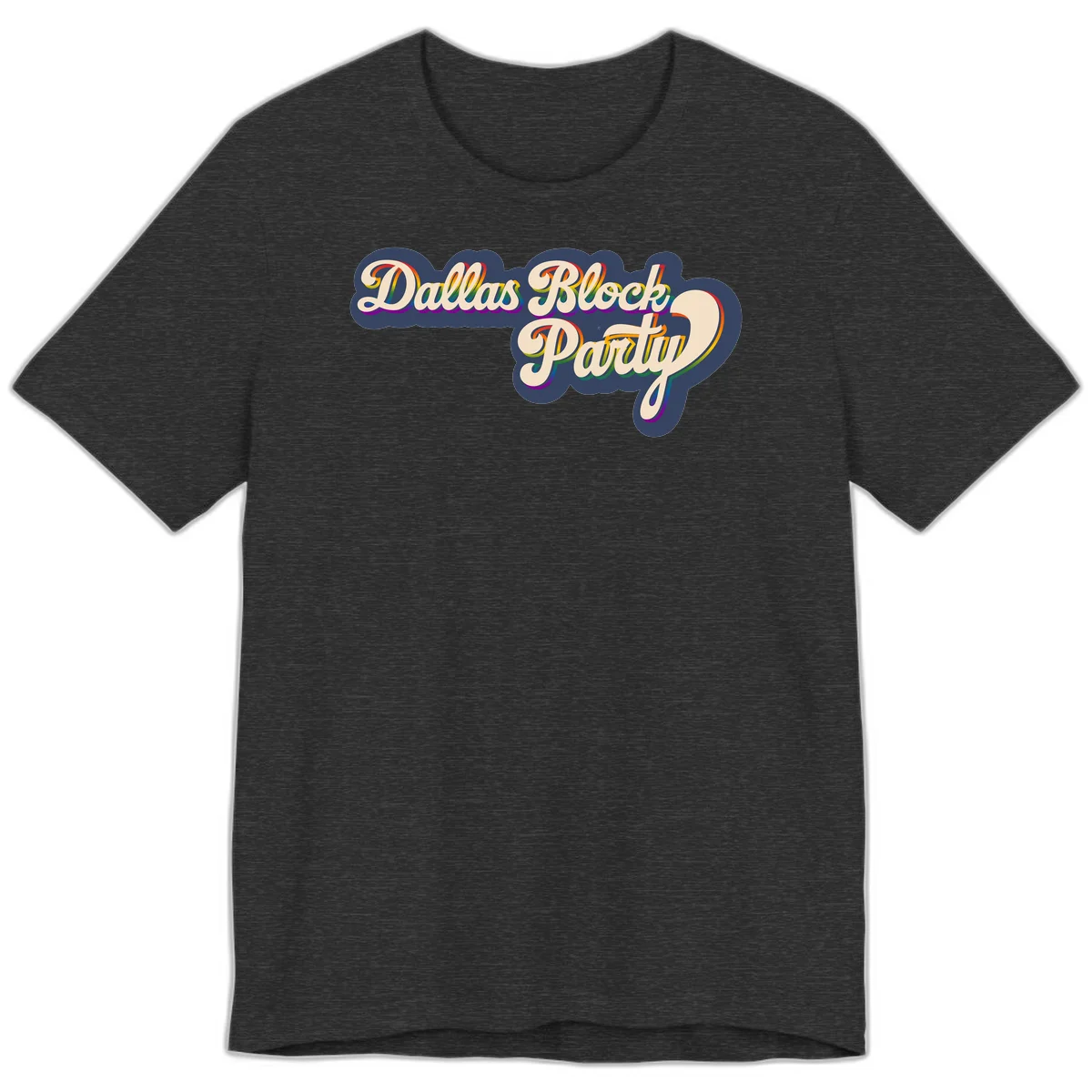 Dallas Block Party design featuring rainbow gradient lettering on navy blue cloud background with scalloped borders in Dark Grey Heather
