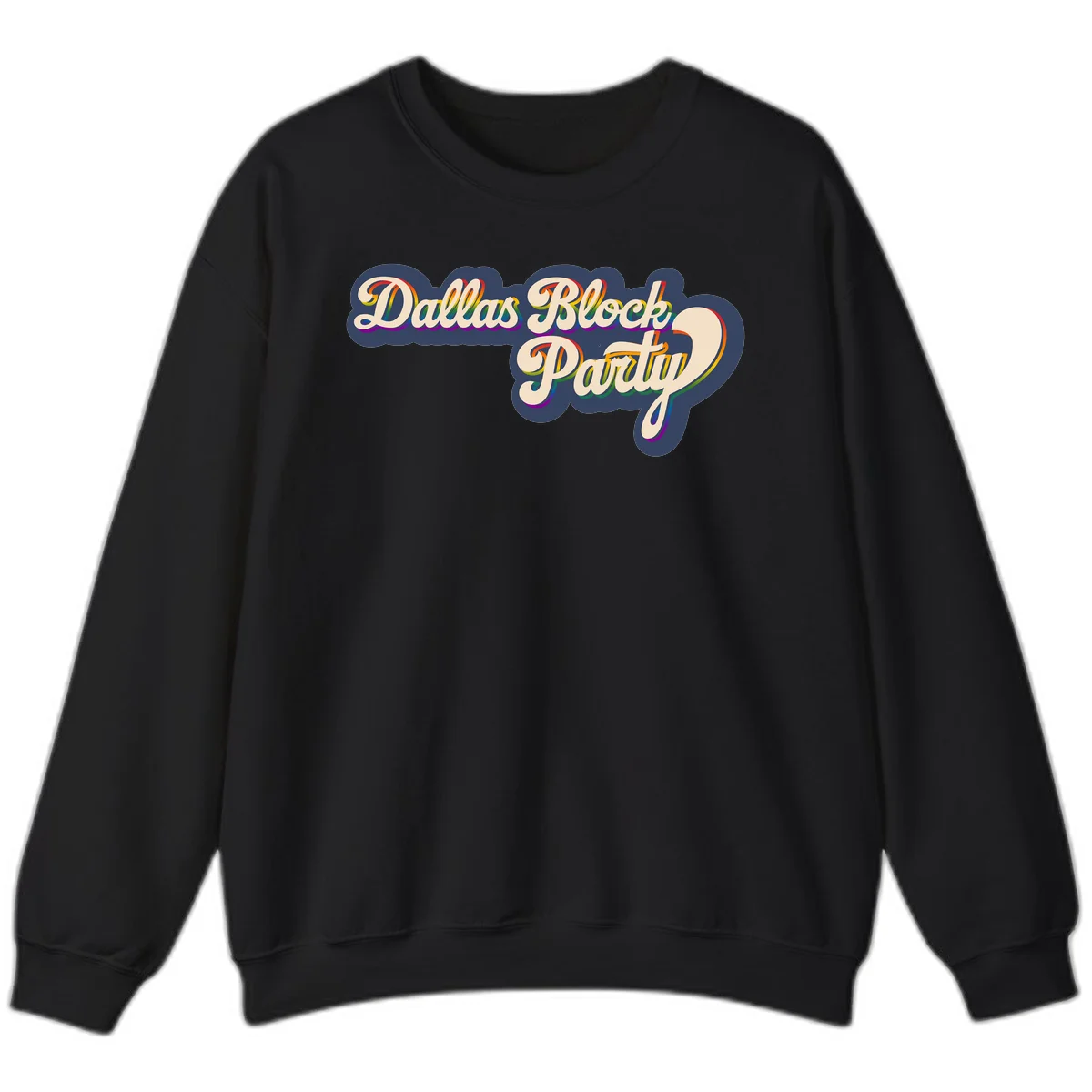 Dallas Block Party design featuring rainbow gradient lettering on navy blue cloud background with scalloped borders in Black