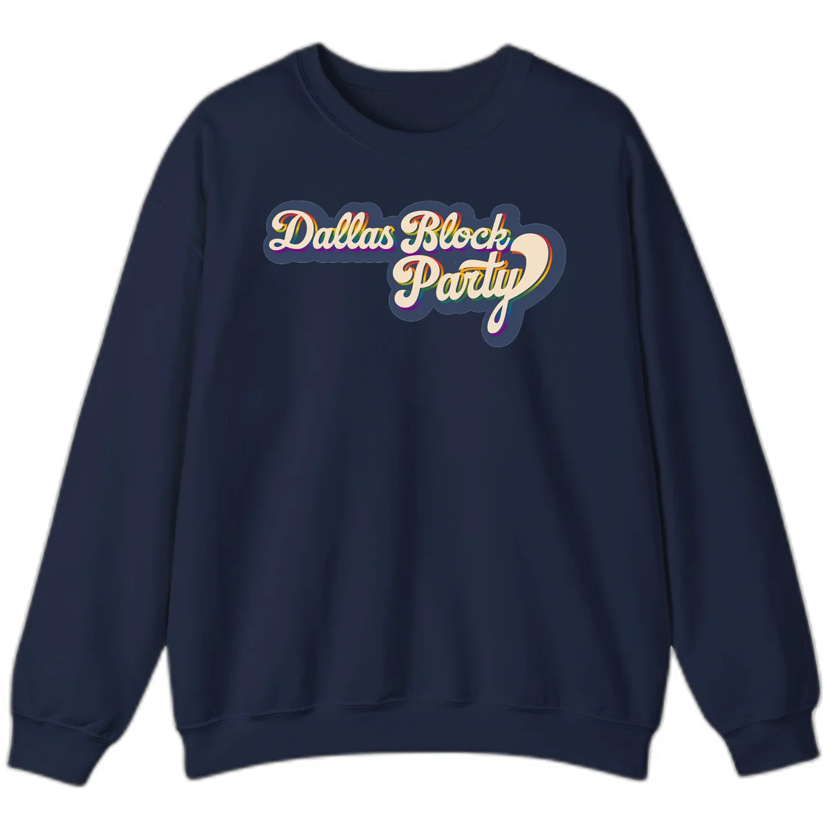 Dallas Block Party design featuring rainbow gradient lettering on navy blue cloud background with scalloped borders in Navy