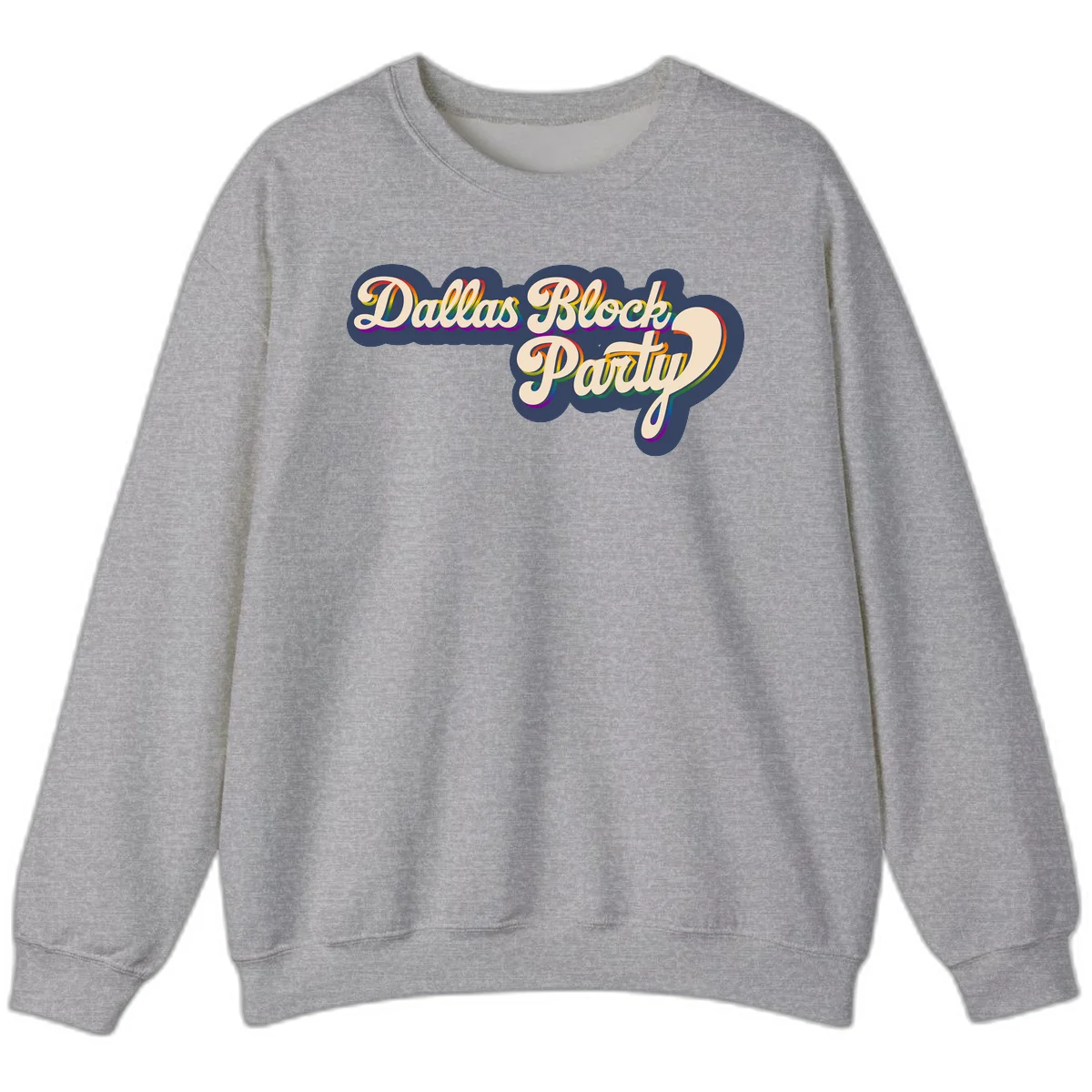 Dallas Block Party design featuring rainbow gradient lettering on navy blue cloud background with scalloped borders in Sport Grey