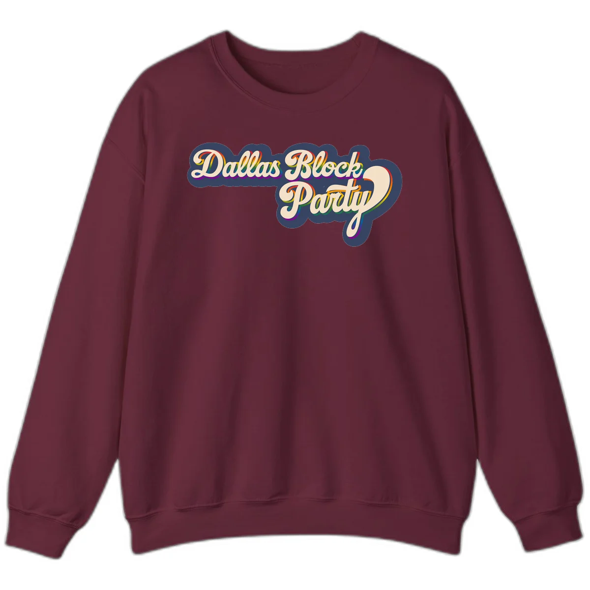 Dallas Block Party design featuring rainbow gradient lettering on navy blue cloud background with scalloped borders in Maroon