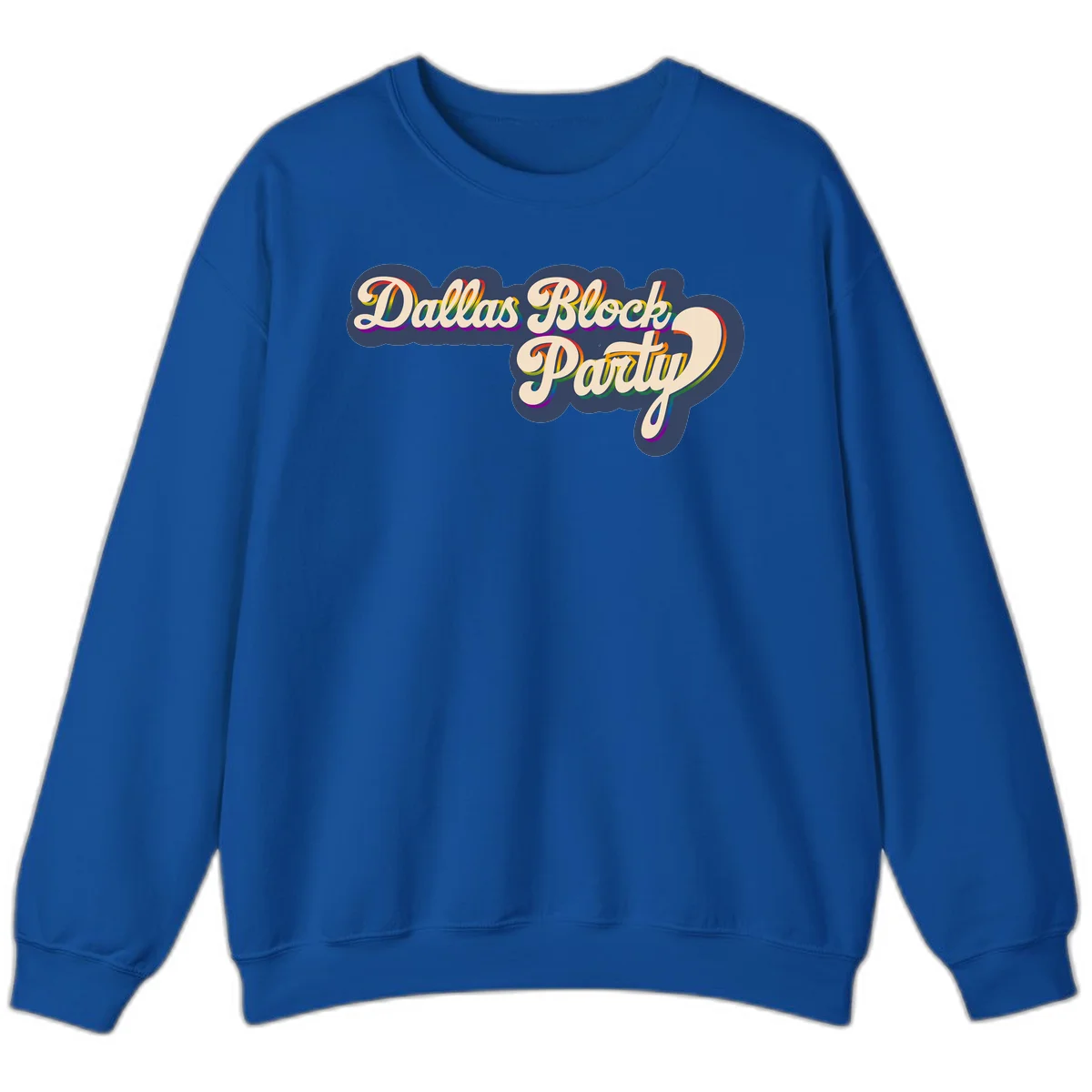 Dallas Block Party design featuring rainbow gradient lettering on navy blue cloud background with scalloped borders in Royal
