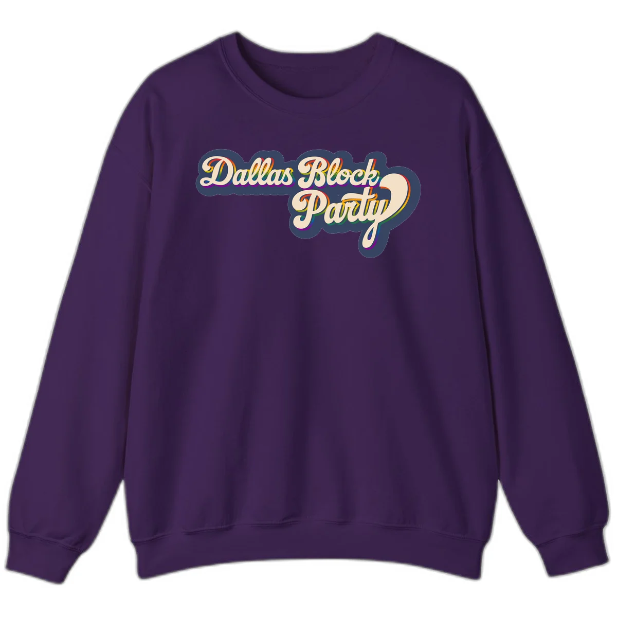 Dallas Block Party design featuring rainbow gradient lettering on navy blue cloud background with scalloped borders in Purple