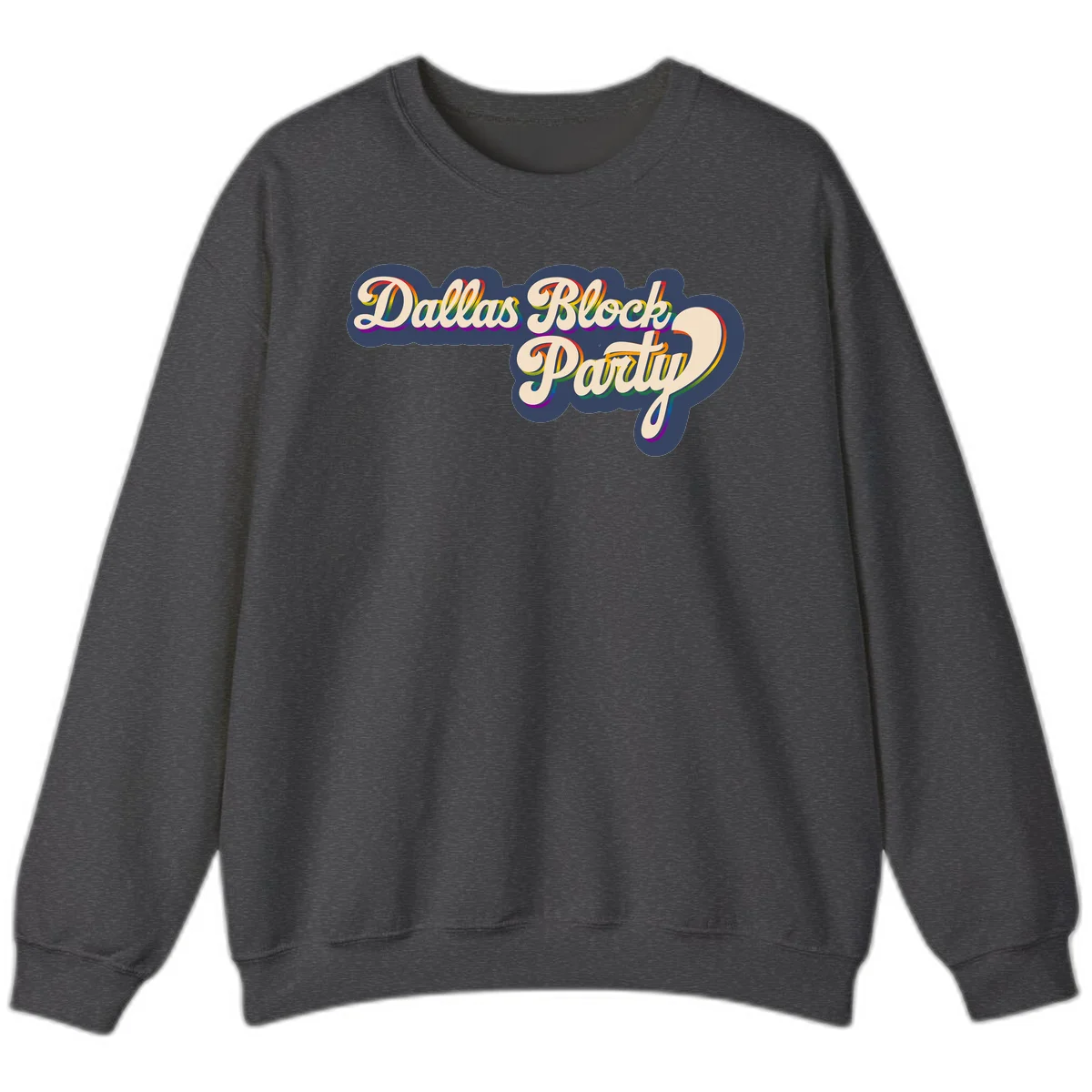 Dallas Block Party design featuring rainbow gradient lettering on navy blue cloud background with scalloped borders in Dark Heather