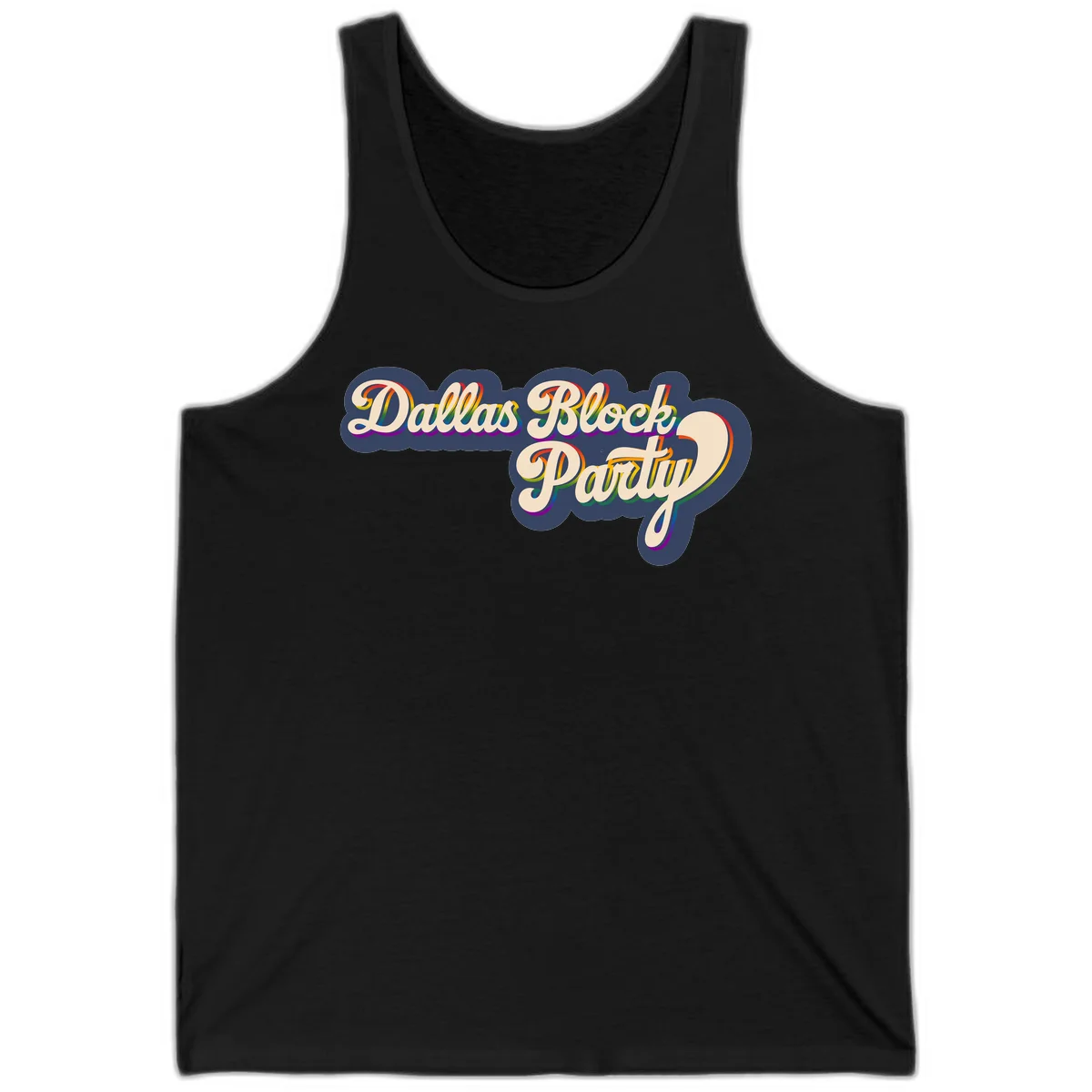 Dallas Block Party design featuring rainbow gradient lettering on navy blue cloud background with scalloped borders in Black