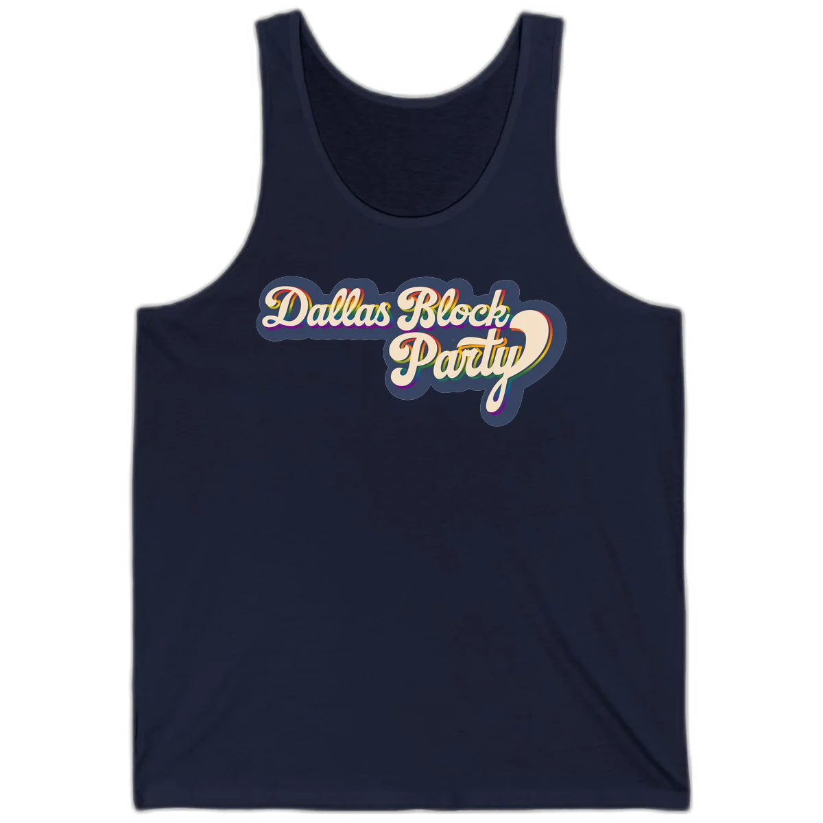 Dallas Block Party design featuring rainbow gradient lettering on navy blue cloud background with scalloped borders in Navy