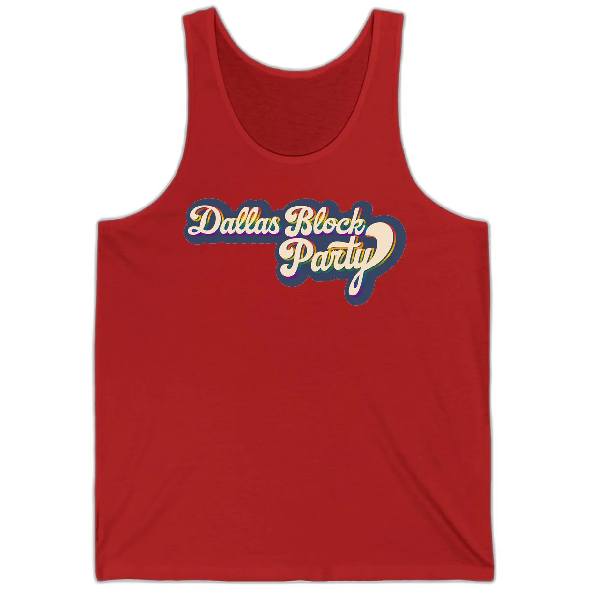 Dallas Block Party design featuring rainbow gradient lettering on navy blue cloud background with scalloped borders in Red