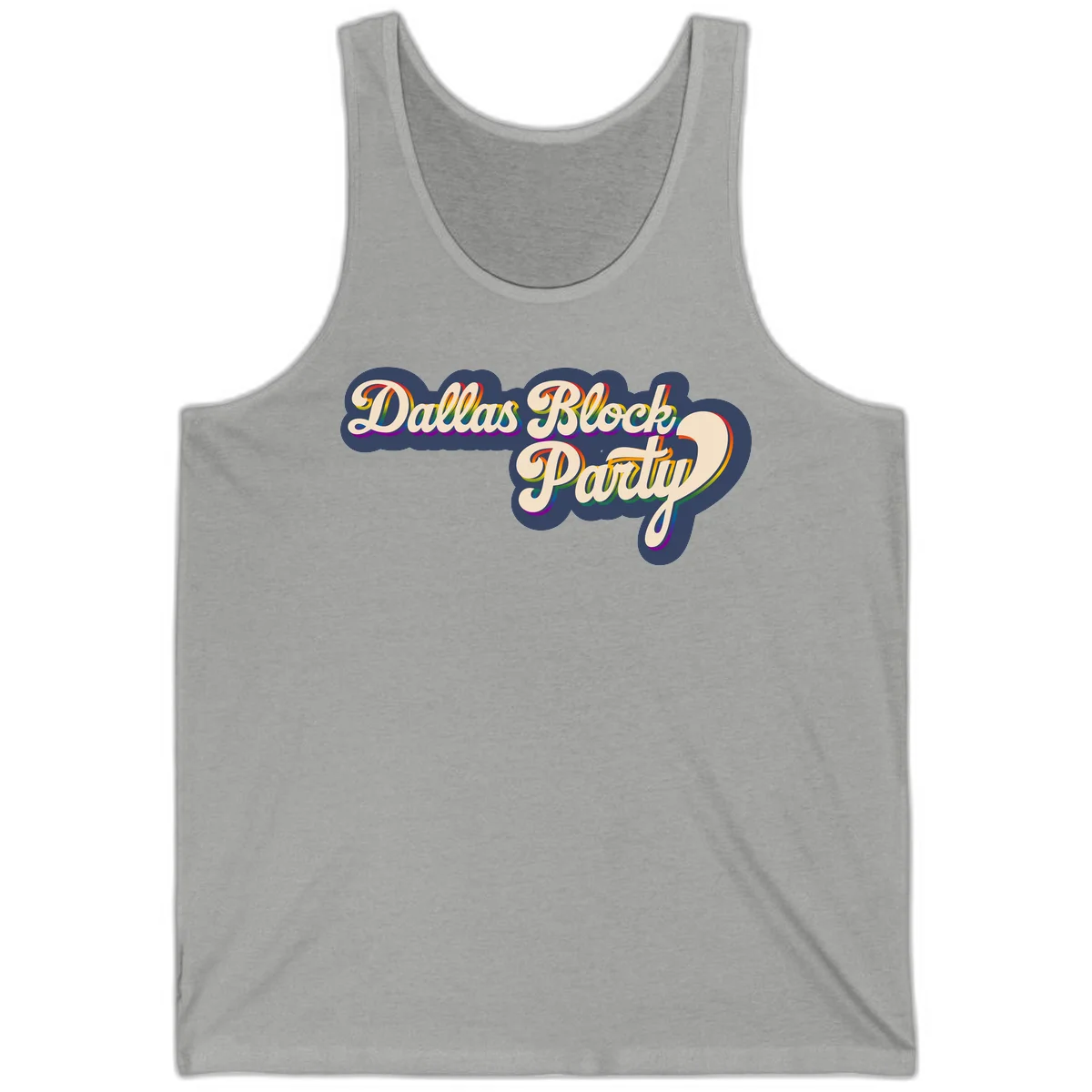 Dallas Block Party design featuring rainbow gradient lettering on navy blue cloud background with scalloped borders in Athletic Heather