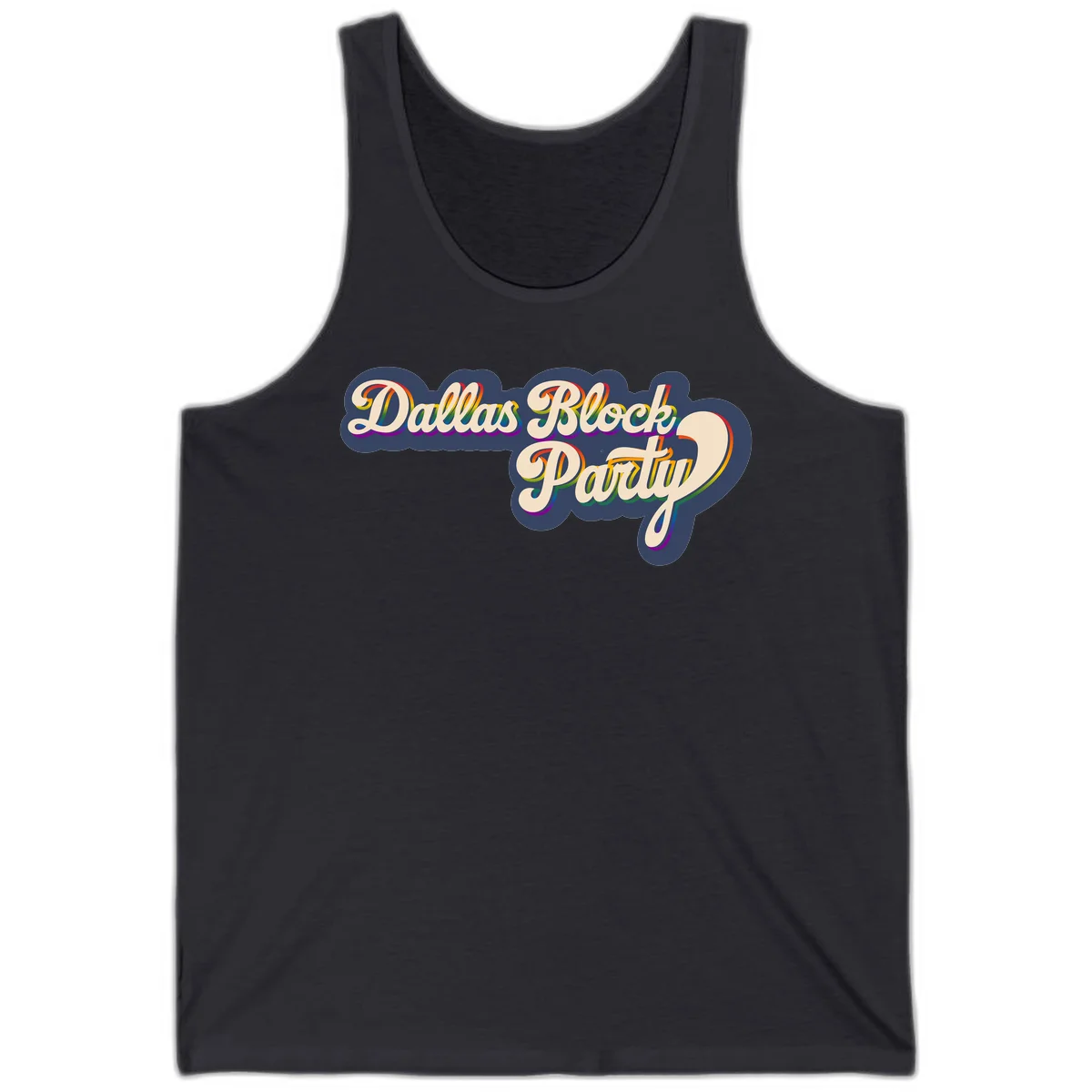 Dallas Block Party design featuring rainbow gradient lettering on navy blue cloud background with scalloped borders in Dark Grey