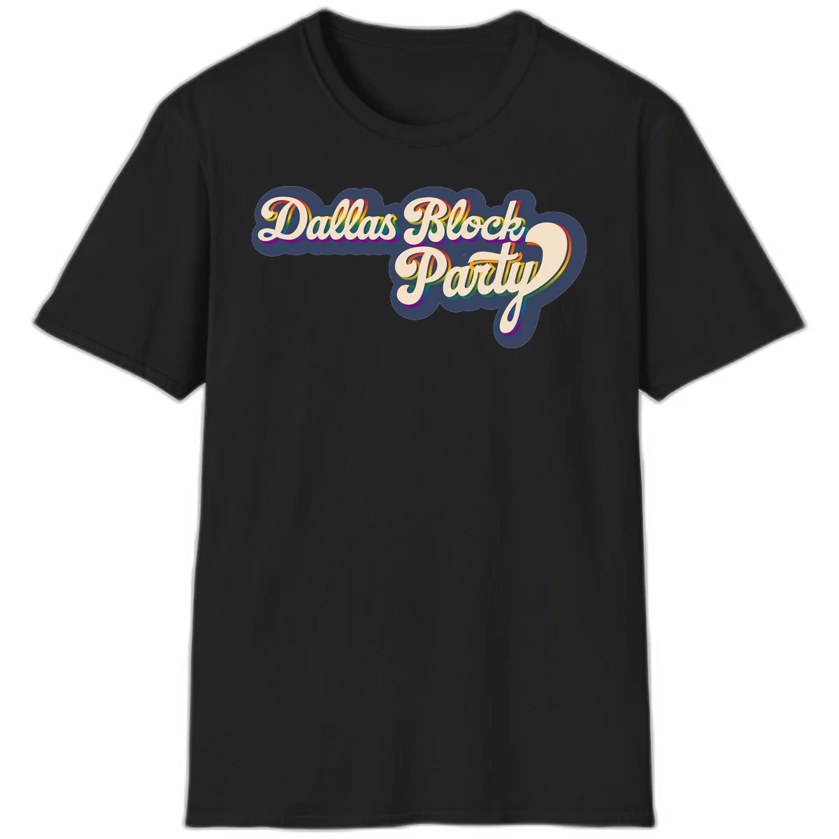 Dallas Block Party design featuring rainbow gradient lettering on navy blue cloud background with scalloped borders in Black
