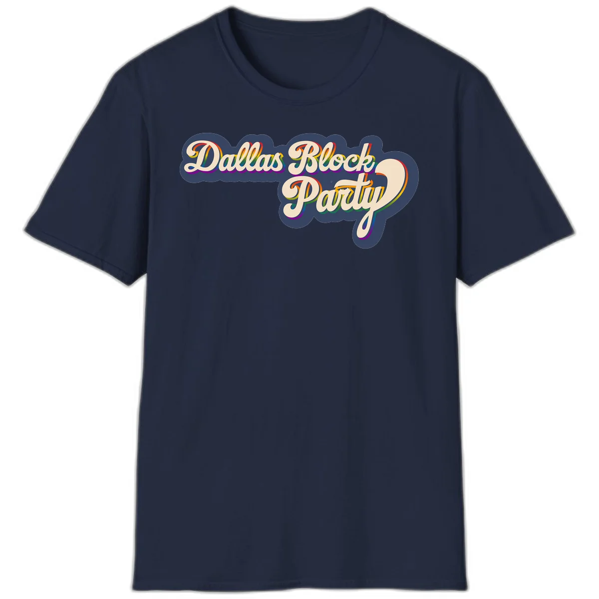 Dallas Block Party design featuring rainbow gradient lettering on navy blue cloud background with scalloped borders in Navy