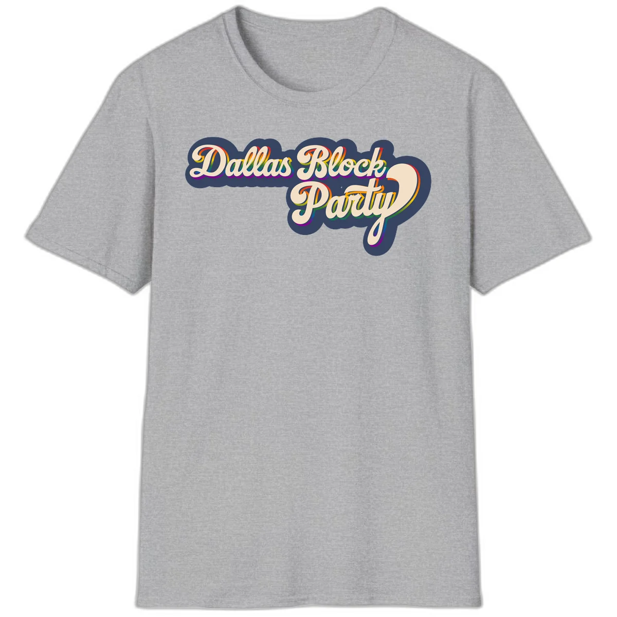 Dallas Block Party design featuring rainbow gradient lettering on navy blue cloud background with scalloped borders in Sport Grey