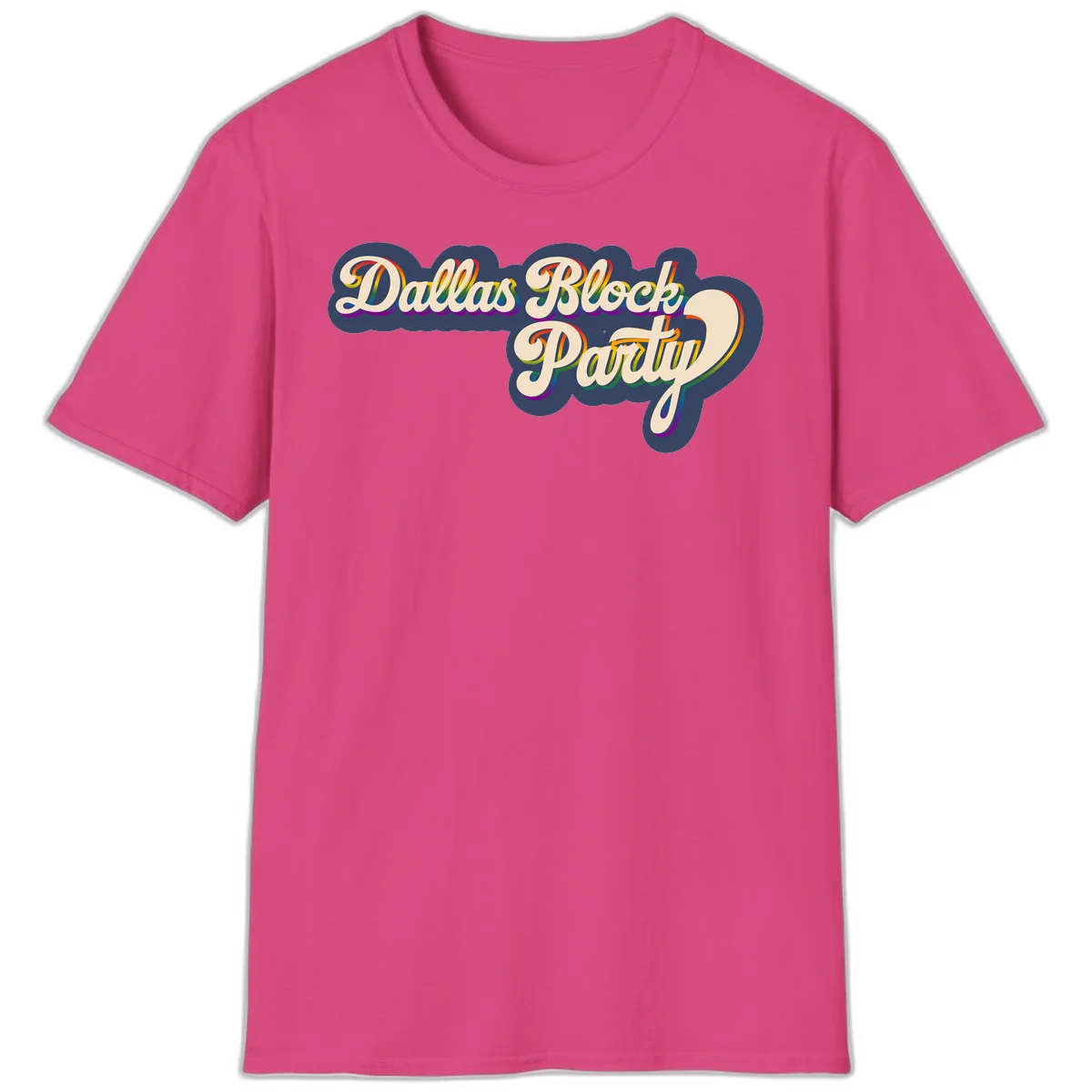 Dallas Block Party design featuring rainbow gradient lettering on navy blue cloud background with scalloped borders in Heliconia