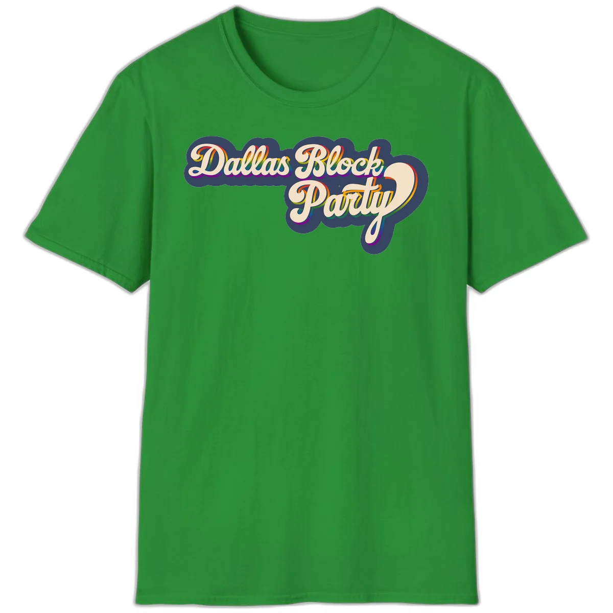 Dallas Block Party design featuring rainbow gradient lettering on navy blue cloud background with scalloped borders in Irish Green