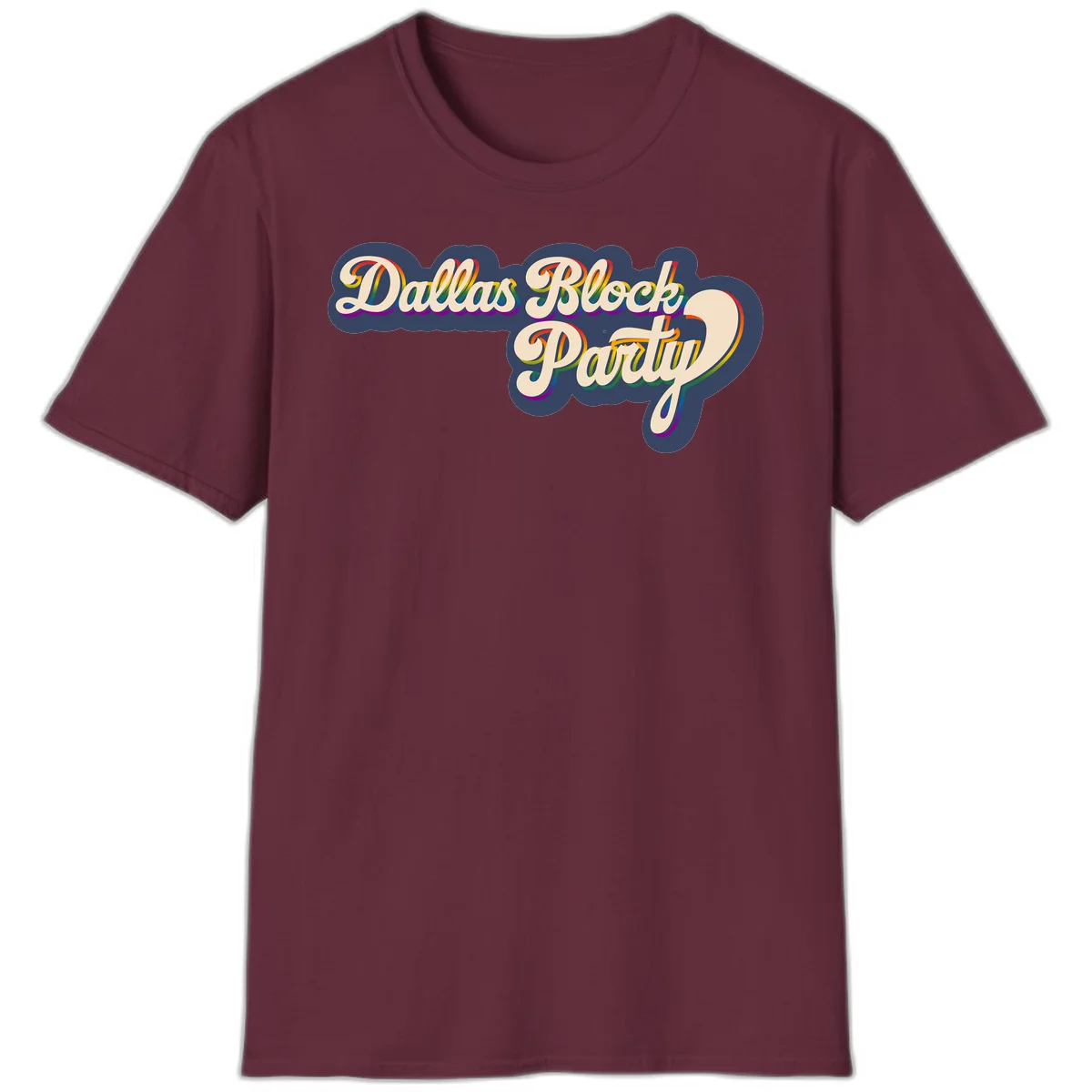 Dallas Block Party design featuring rainbow gradient lettering on navy blue cloud background with scalloped borders in Maroon