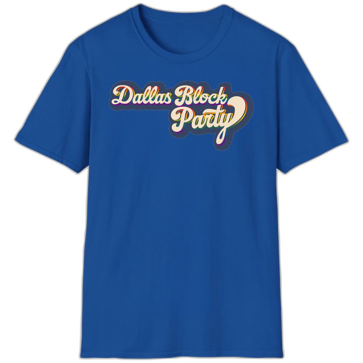 Dallas Block Party design featuring rainbow gradient lettering on navy blue cloud background with scalloped borders in Royal