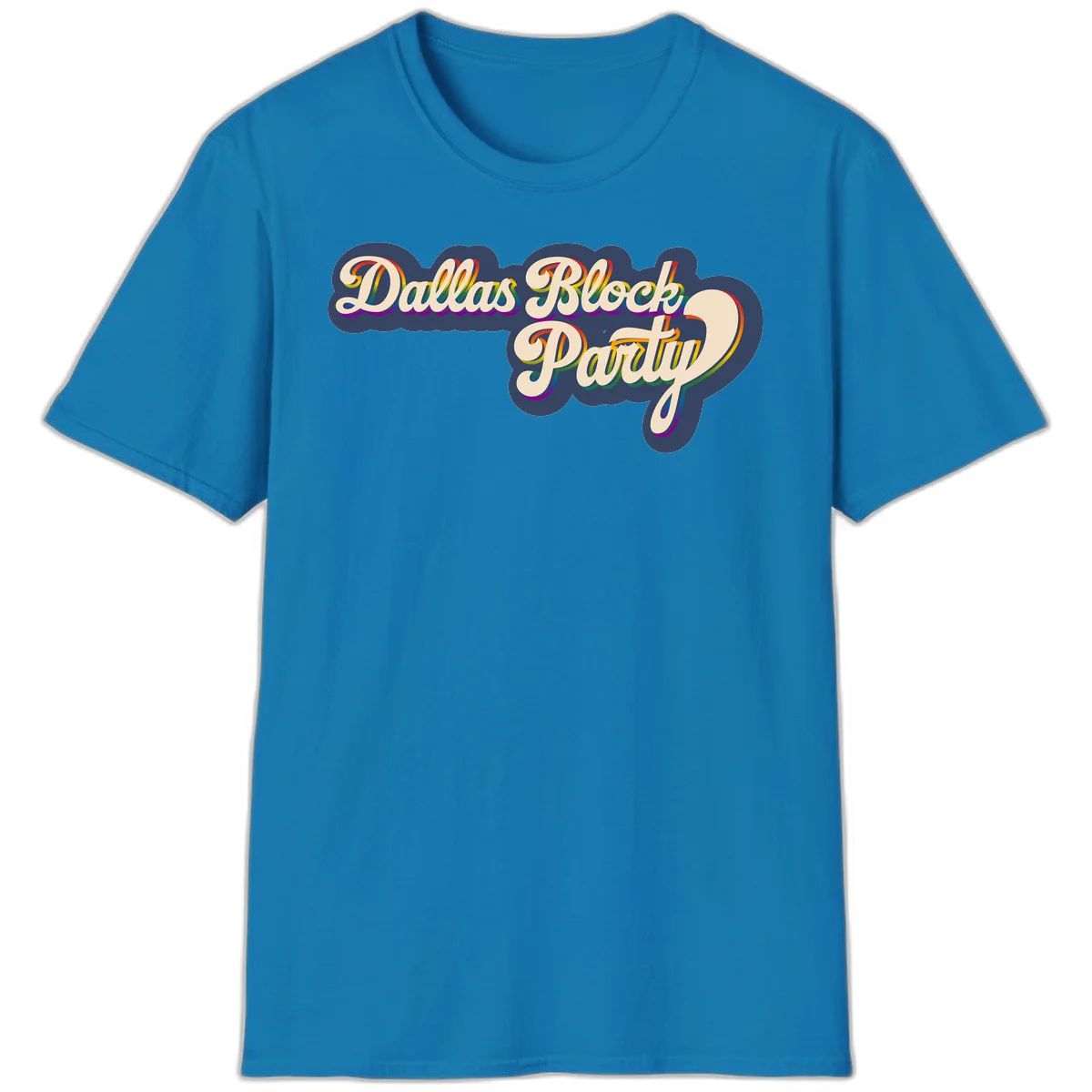 Dallas Block Party design featuring rainbow gradient lettering on navy blue cloud background with scalloped borders in Sapphire
